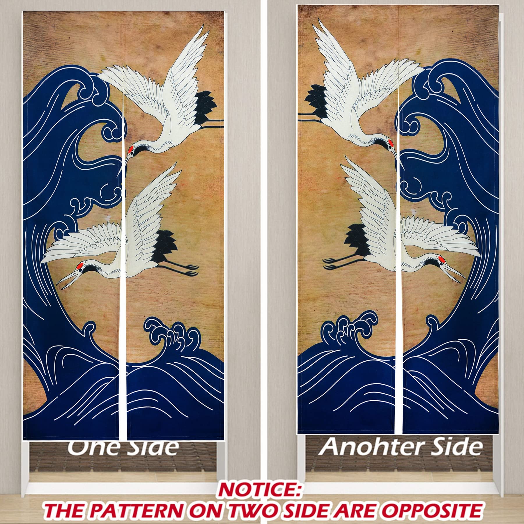 LIGICKY Japanischer Stil Dick Noren Lang Vorhang, Doppelseitig Druck Türvorhang Raumteiler Tapisserie für die Heimtextilien 85 x 180 cm, Gekrönten Kran und Welle
