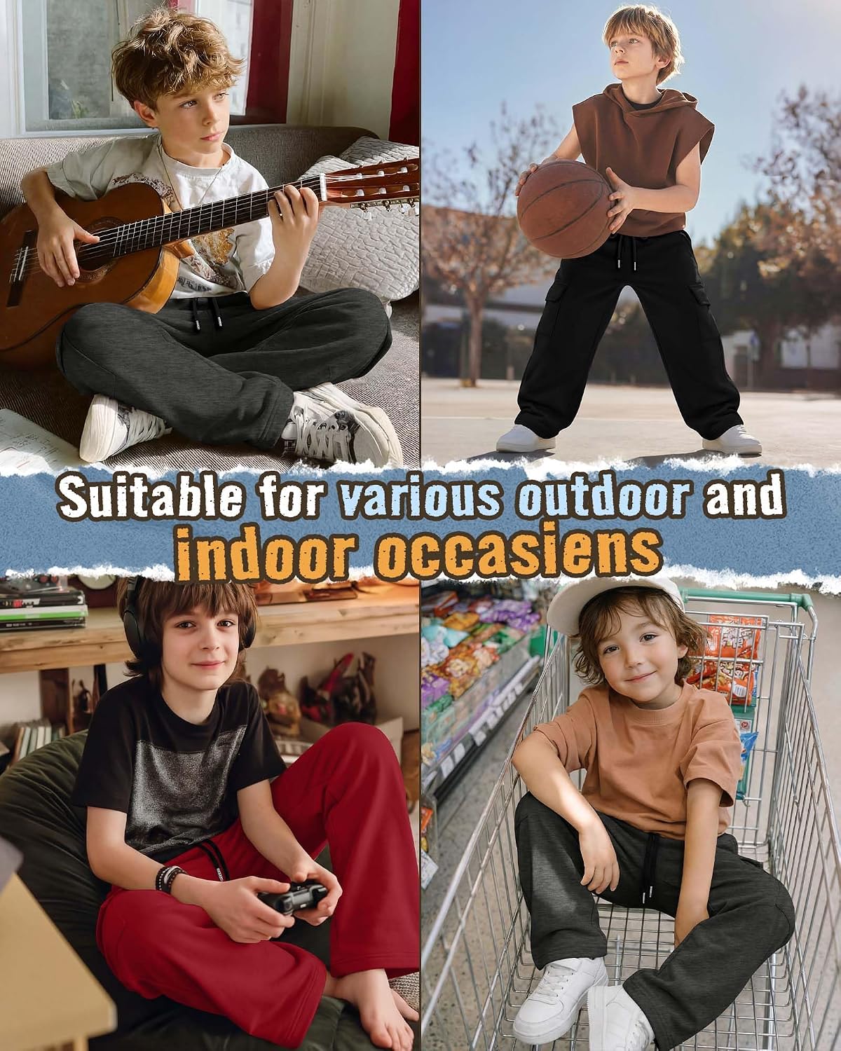 3 Pack Boys' Cargo Sweatpants Lightweight Baggy Pants with Pockets Kids Casual Drawstring Wide Leg Joggers 7-16 Y