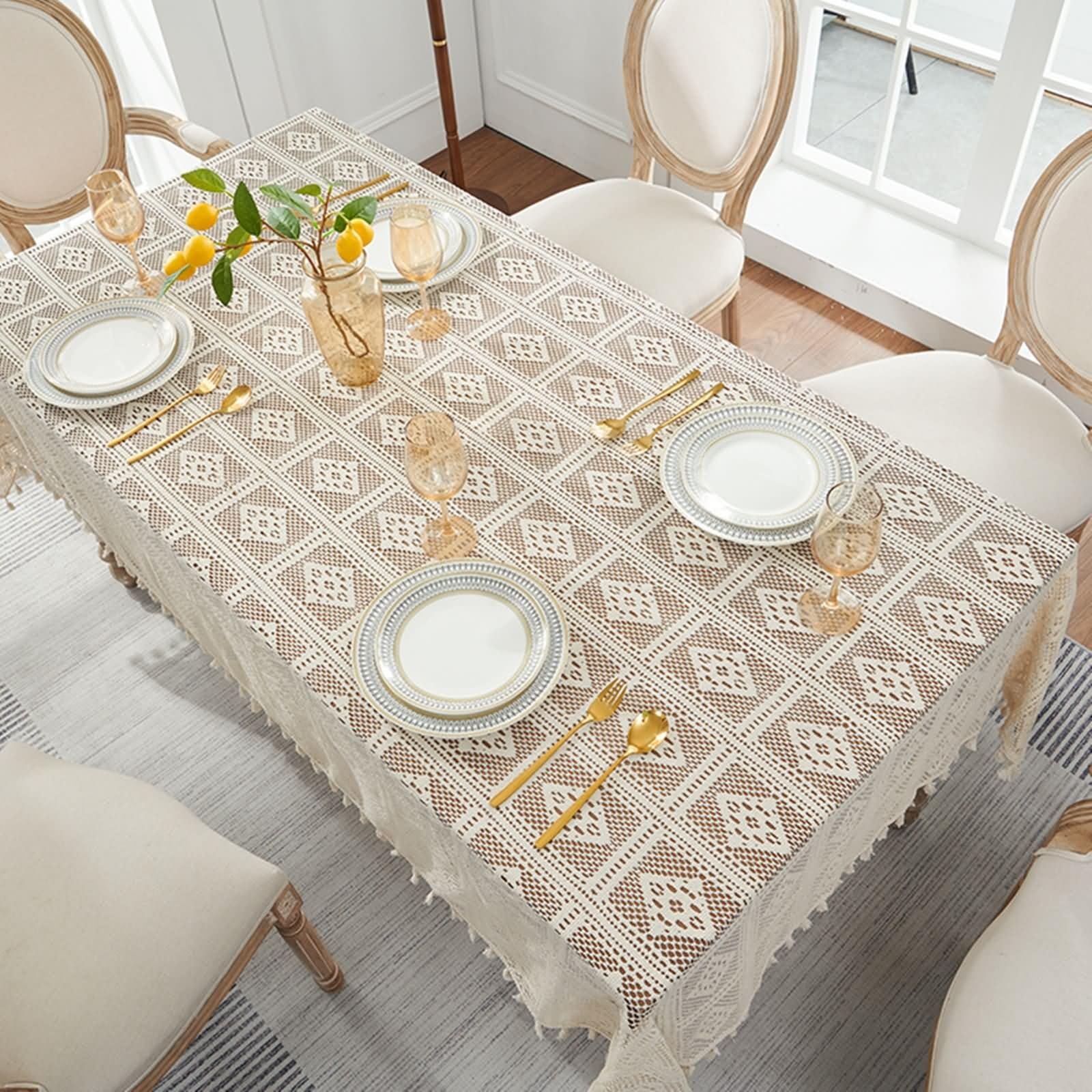 Mantel Cocina Antimanchas, 140 x 200 cm, Beige Blanco, Rectangular, Mantel Poliéster Hueco con Borlas