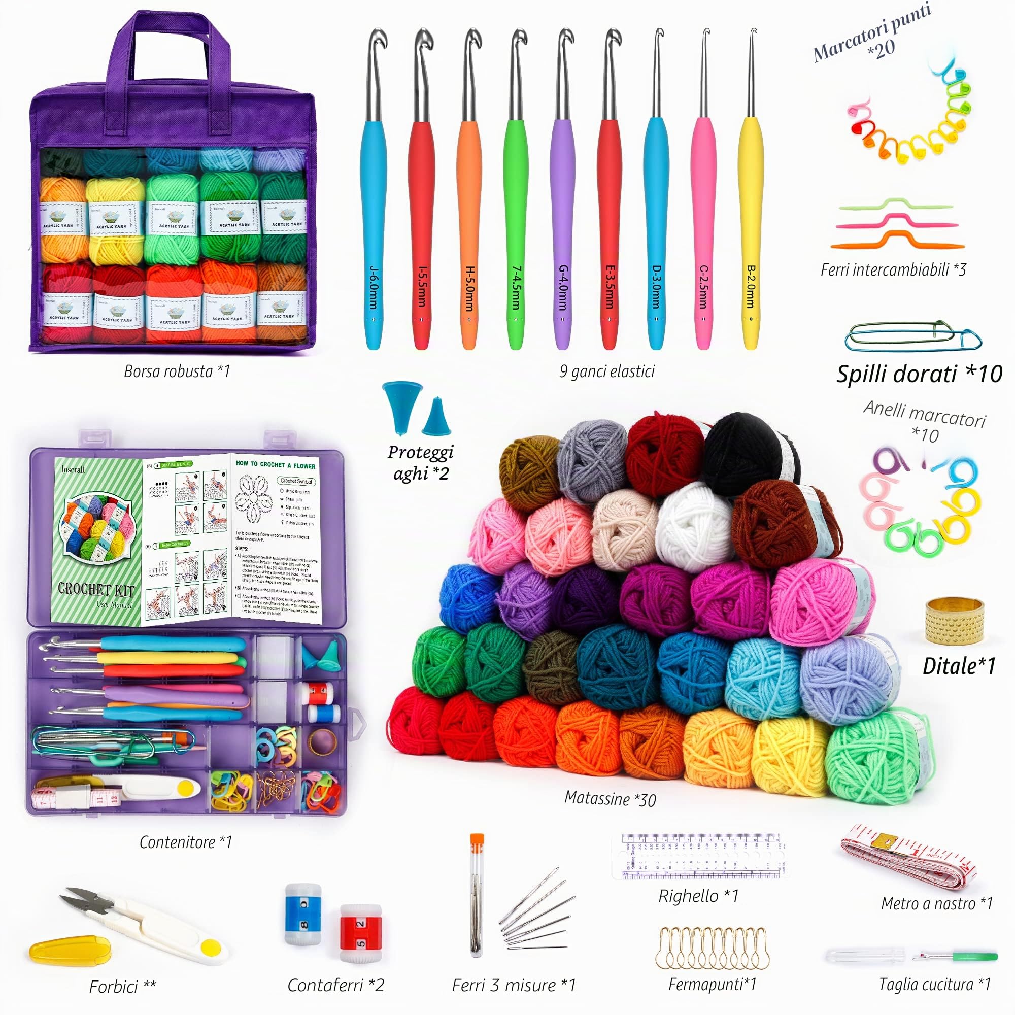 Inscraft Kit di filati per uncinetto per principianti, adulti e bambini, include matasse acriliche da 1508,8 m, 30 colori, uncinetti, borsa viola, ecc, per creare amigurumi e progetti a uncinetto, set