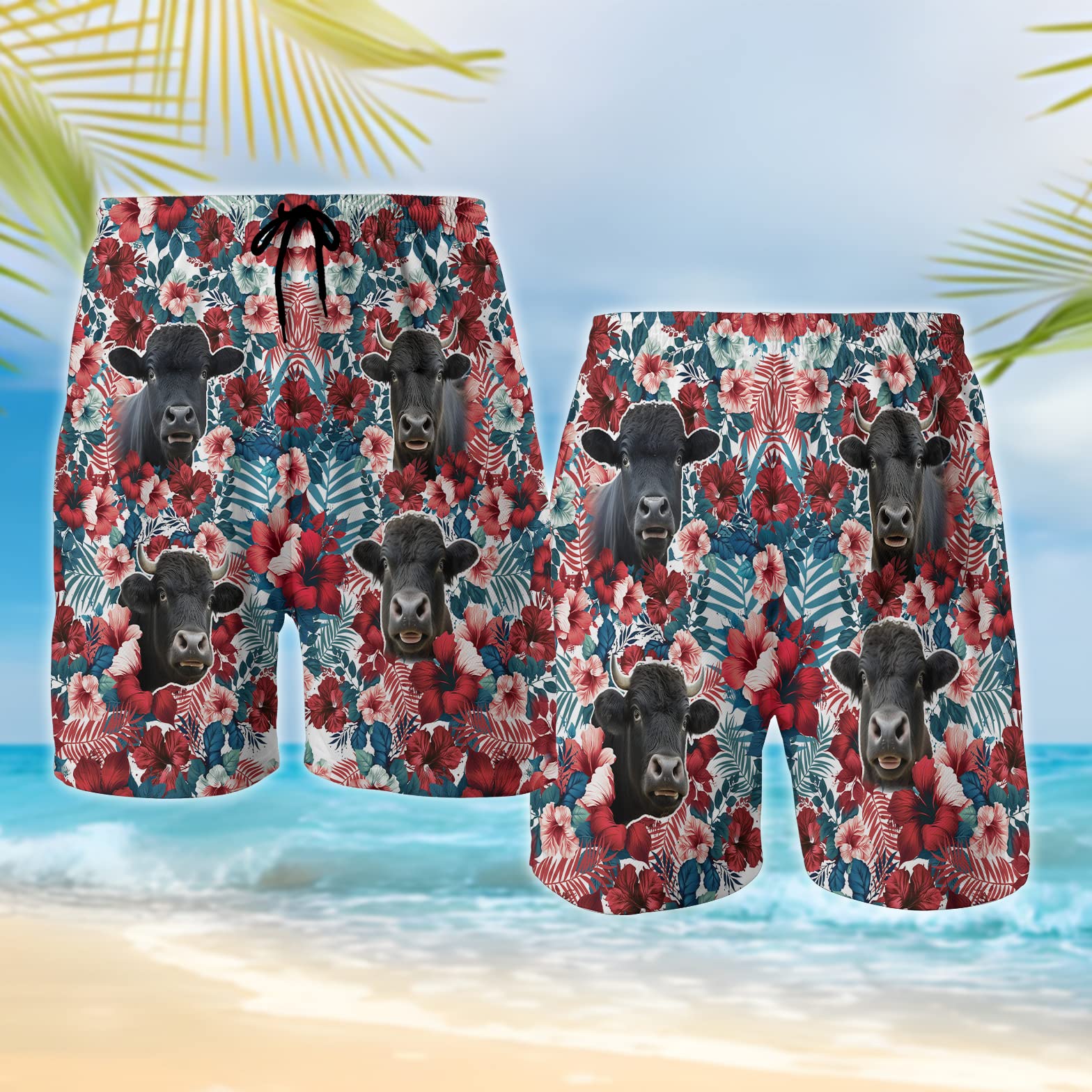 Black Angus Mens Shorts - Floral Cow Hawaiian Shorts for Men - Drawstring Beach Shorts, Mens Swimming Trunks Set 2 Size 2XL