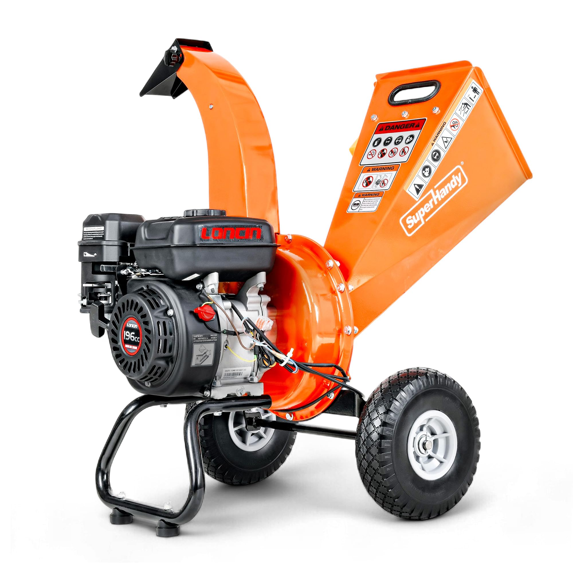 SuperHandy Mini-Holzhäcksler, 196 cm³, kompakt, Äste bis 50 mm | Robuste Stahlkonstruktion; hoher Auswurfschacht mit verstellbarer Führung für präzisen Materialauswur