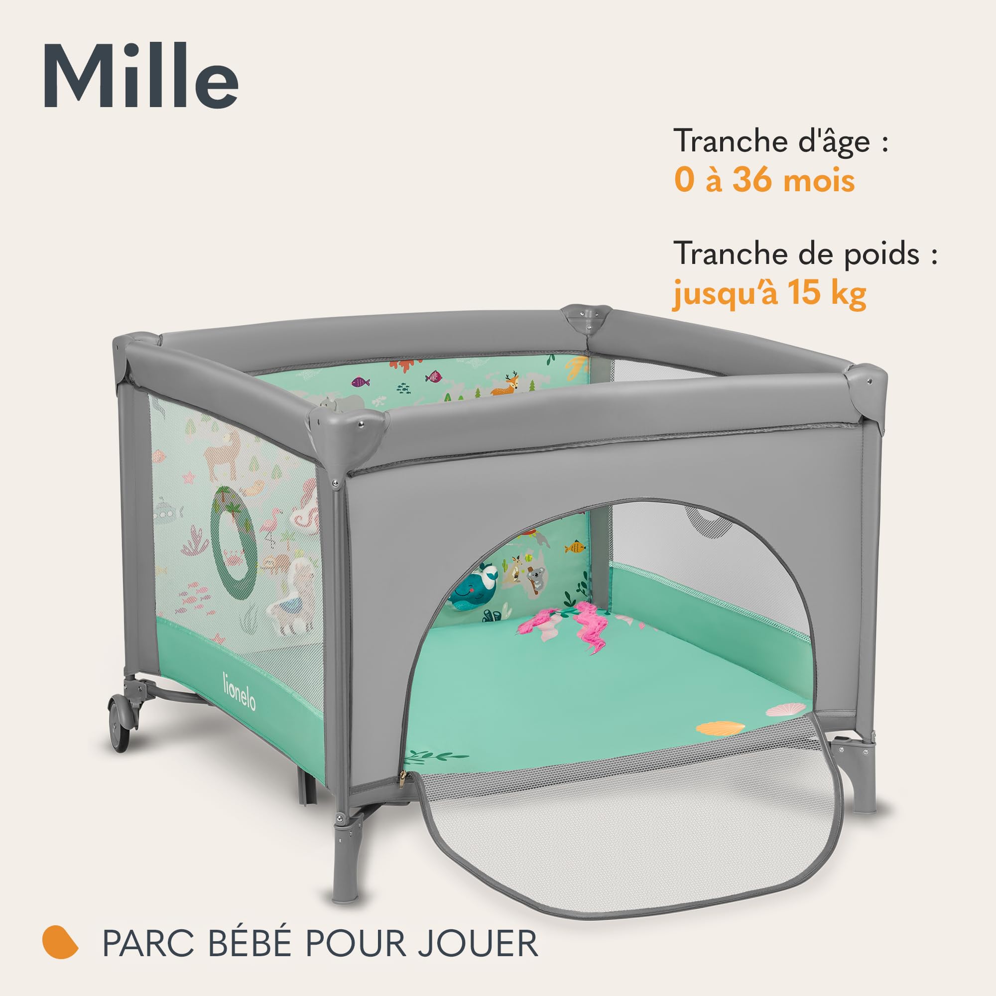 lionelo  Mille Lit de Voyage et Parc Bébé 100x100 cm jusqu'à 15 kg 0-36 Mois, Entrée Latérale Zippée, Matelas, roulettes Freinées, Pliage Facile, Sac de Transport