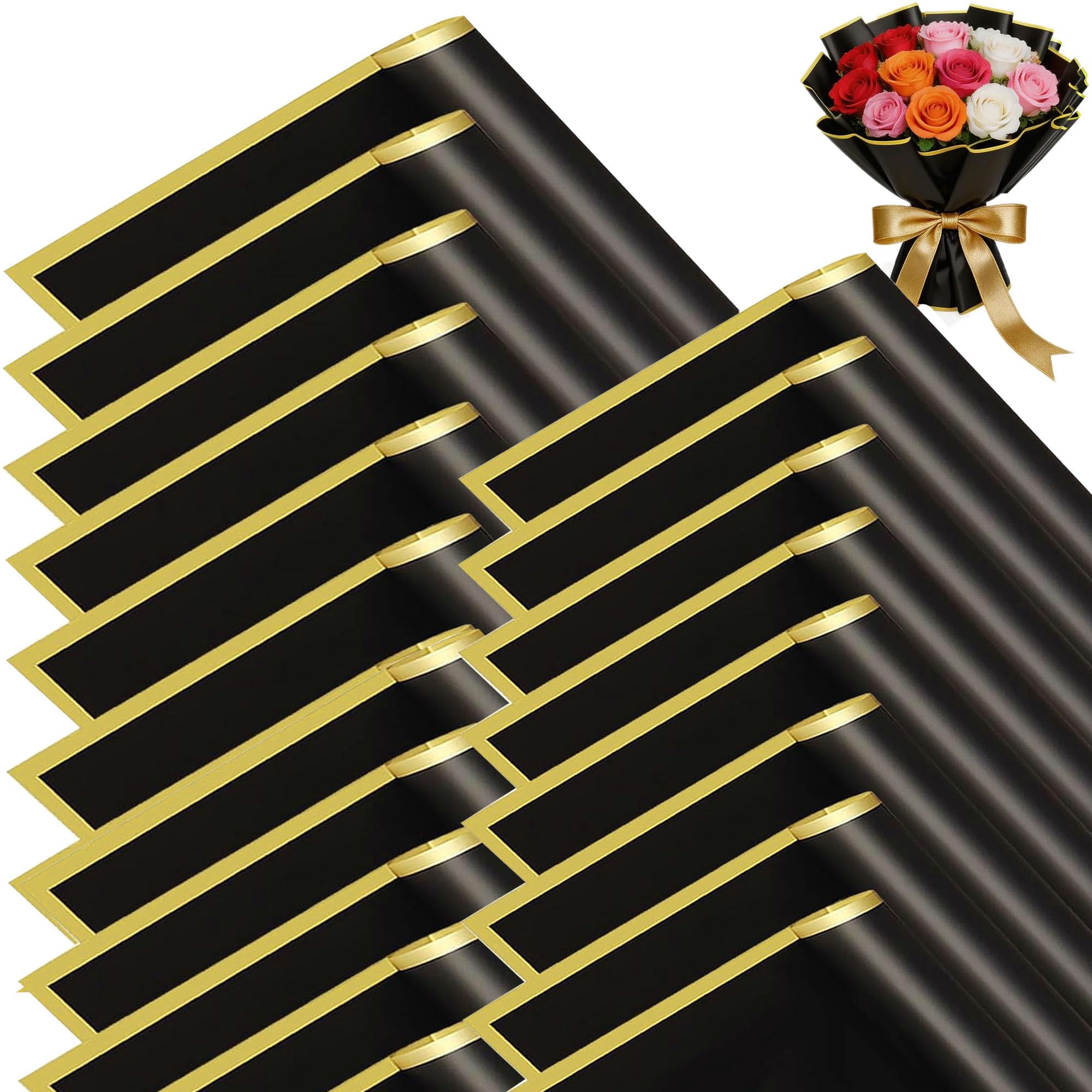 DMIMIA Papel Coreano para Flores Impermeable, 20 Hojas 56x56 cm, Papel para Envolver Ramos de Boda y Regalo Floral(Negro, Borde Dorado)