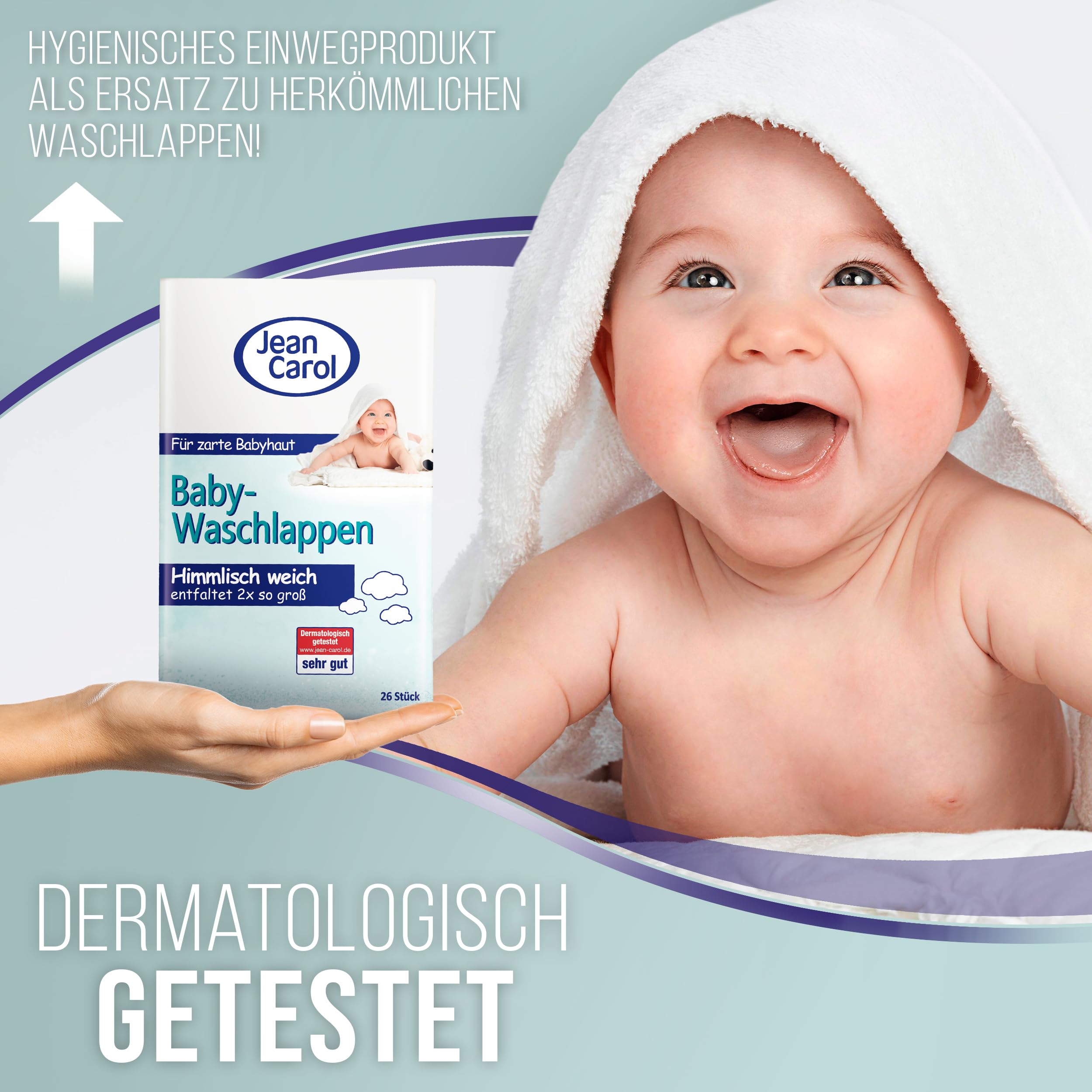 Jean Carol Baby-Waschlappen, weich & zart, Vorteilspackung (12 x 26 Stück) für die tägliche Pflege