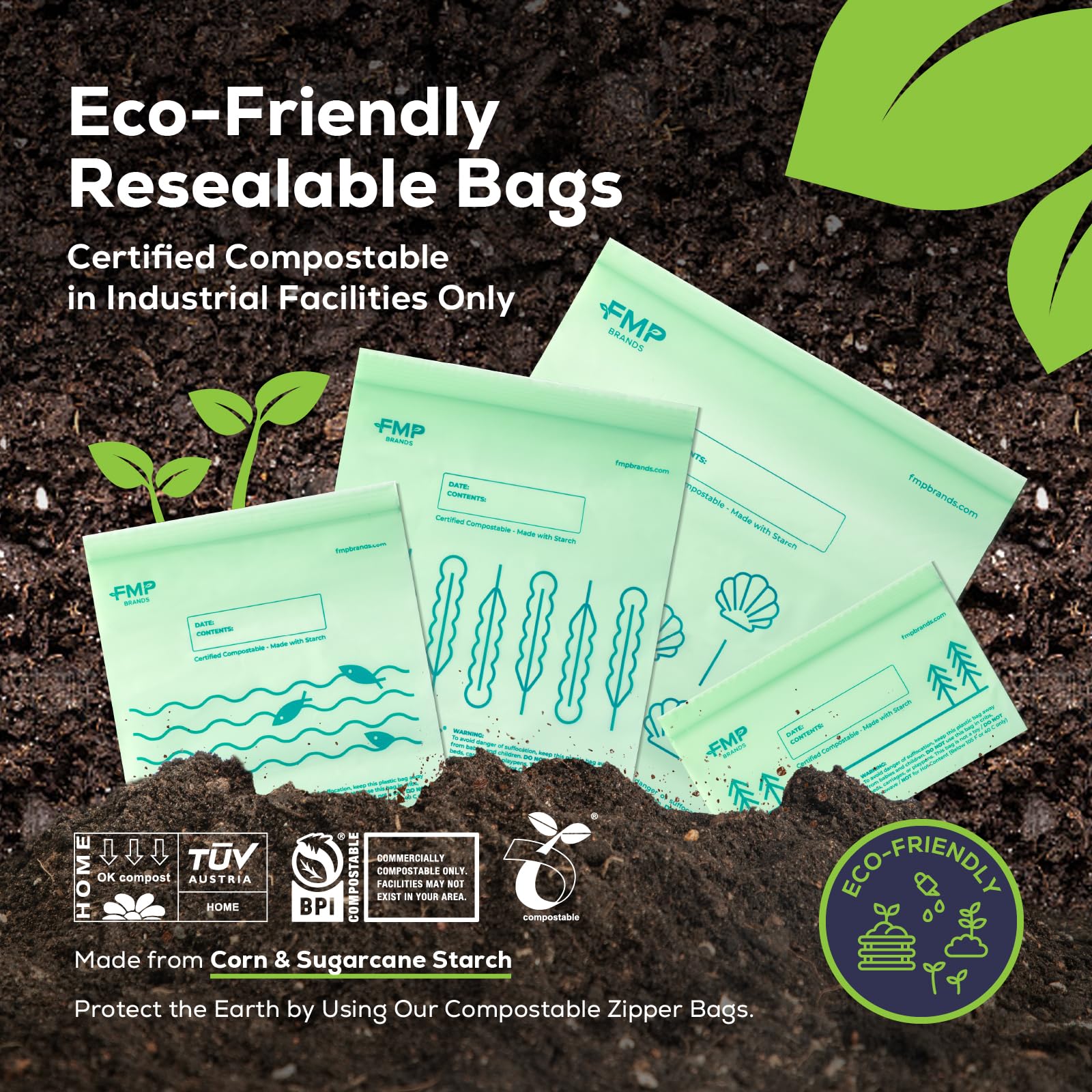 Fit Meal Prep Juego de bolsas Ziplock 100% compostables, bolsas resellables de almacenamiento de alimentos a base de plantas, aptas para congelador, bolsa con cremallera para alimentos, ASTM D6400,
