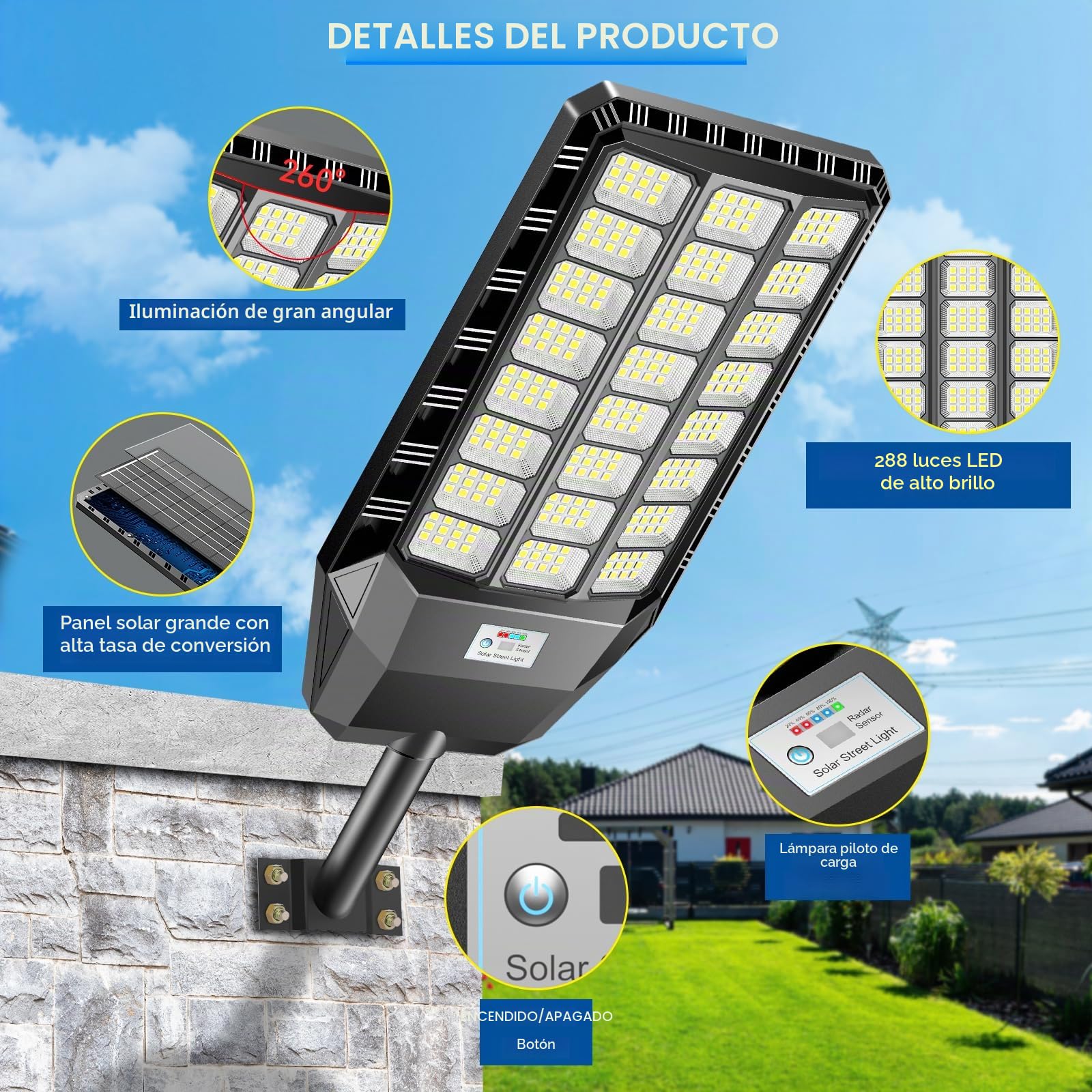 Adewalk 5000W Farolas Solares Exterior Potente con Mando a Distancia, Impermeable IP66 Luz Led Farola Solar Exterior con Sensor de Movimiento for Roads, Yardas, Garden