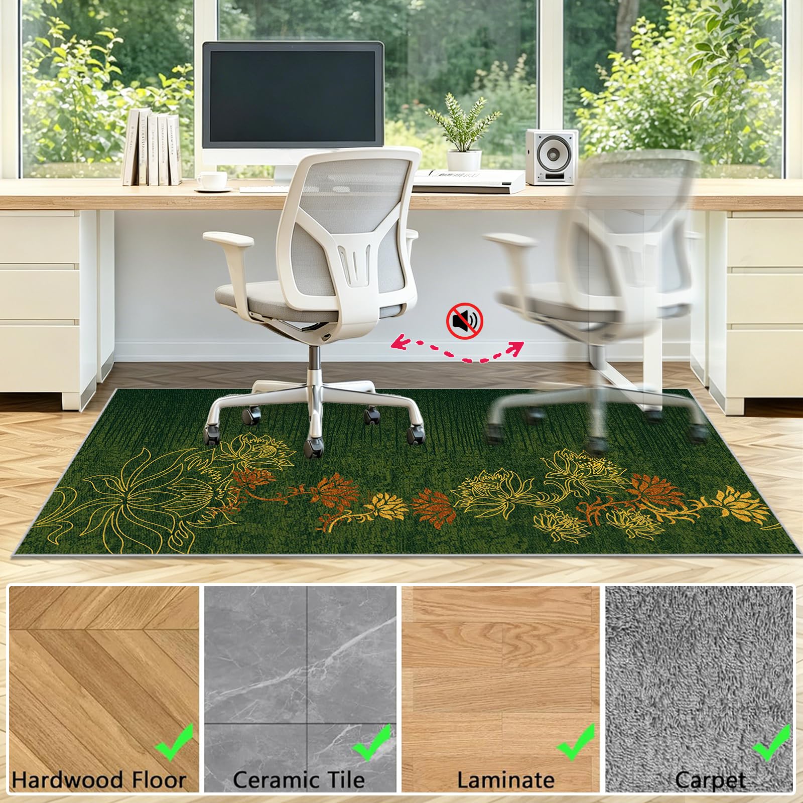 Tappeto Sedia Ufficio Gaming, Tappeto Salvapavimento Antiscivolo Protettore del Pavimento Tappetino per Sedia da Ufficio con Ruote per Parquet, Tappeto per Sedia con Ruote Deco Verde 90x130cm