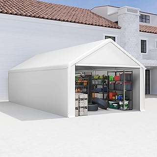 Carport Lagerzelt 4x8m Weiß, Stahlgestell verzinkt, PE Plane 200g/m² wasserdicht UV Schutz, inkl. Seitenplanen, Dachverstärkung & Zubehör für Fahrzeuge und Lagerung