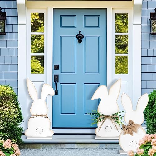 Miniatura 3 de Vercraft 3 piezas rústicas para porche de Pascua, gran conejito de madera, decoración al aire libre, forma de conejo, letrero de patio con doble