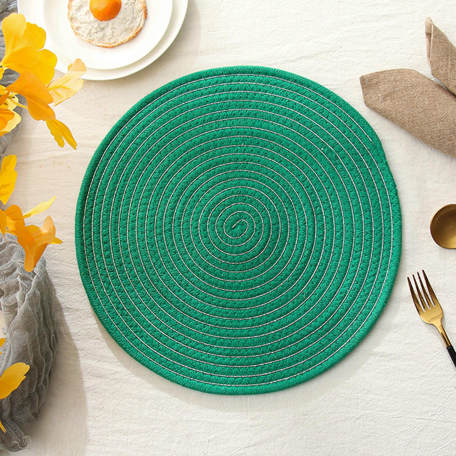 Juego de 10 manteles individuales de mesa (algodón y lino, redondo, hilo de algodón, color liso, antideslizante, fácil de limpiar, verde plateado, 38 cm)