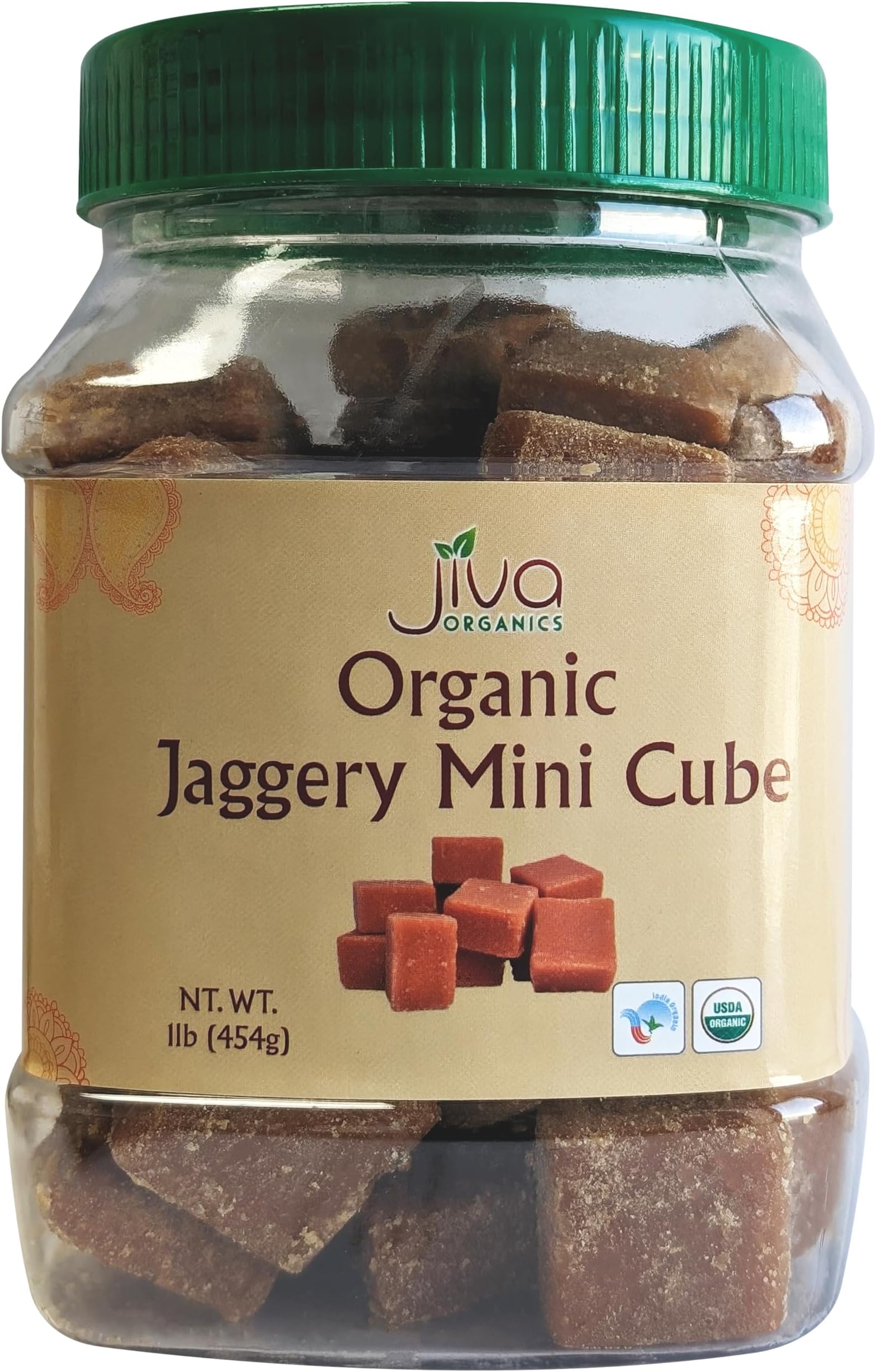Jiva Organics Organic Jaggery Whole (Gur, Panela) 1 LB (454g) Cubes - Raw Wholesome Sugar/Organic Sugarcane - *NEW*