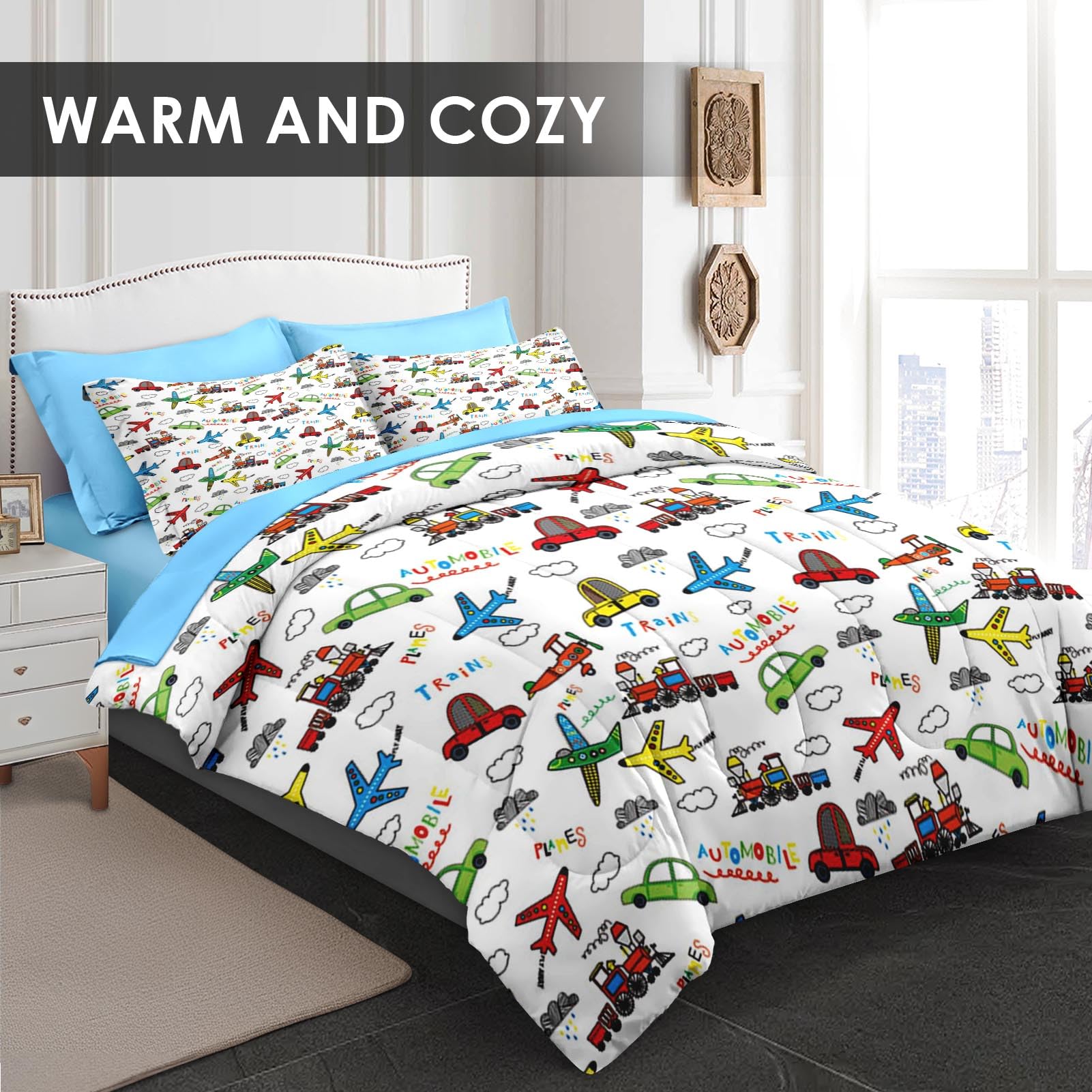 Pamnest Comforter Set Twin Size, Car Fire Cute 5 Pcs Bedding for Kids and Adults, Aircraft Fighter Bed Sheet Sets with Fitted Sheet Pillowcase & Sham for Bedroom Bed Decor