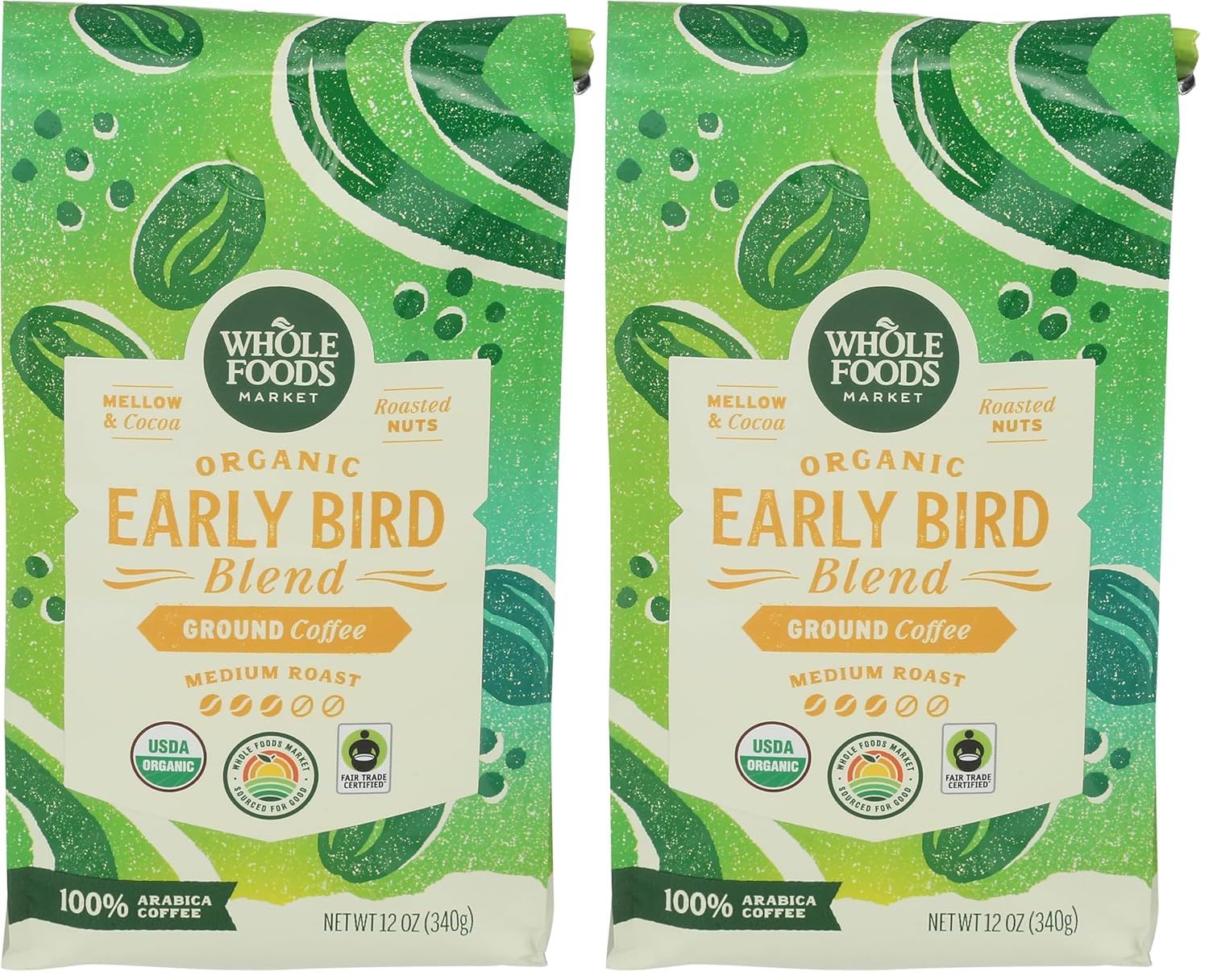 WHOLE FOODS MARKET Organic Ground Early Bird Blend Coffee, 12 OZ (Pack of 2)