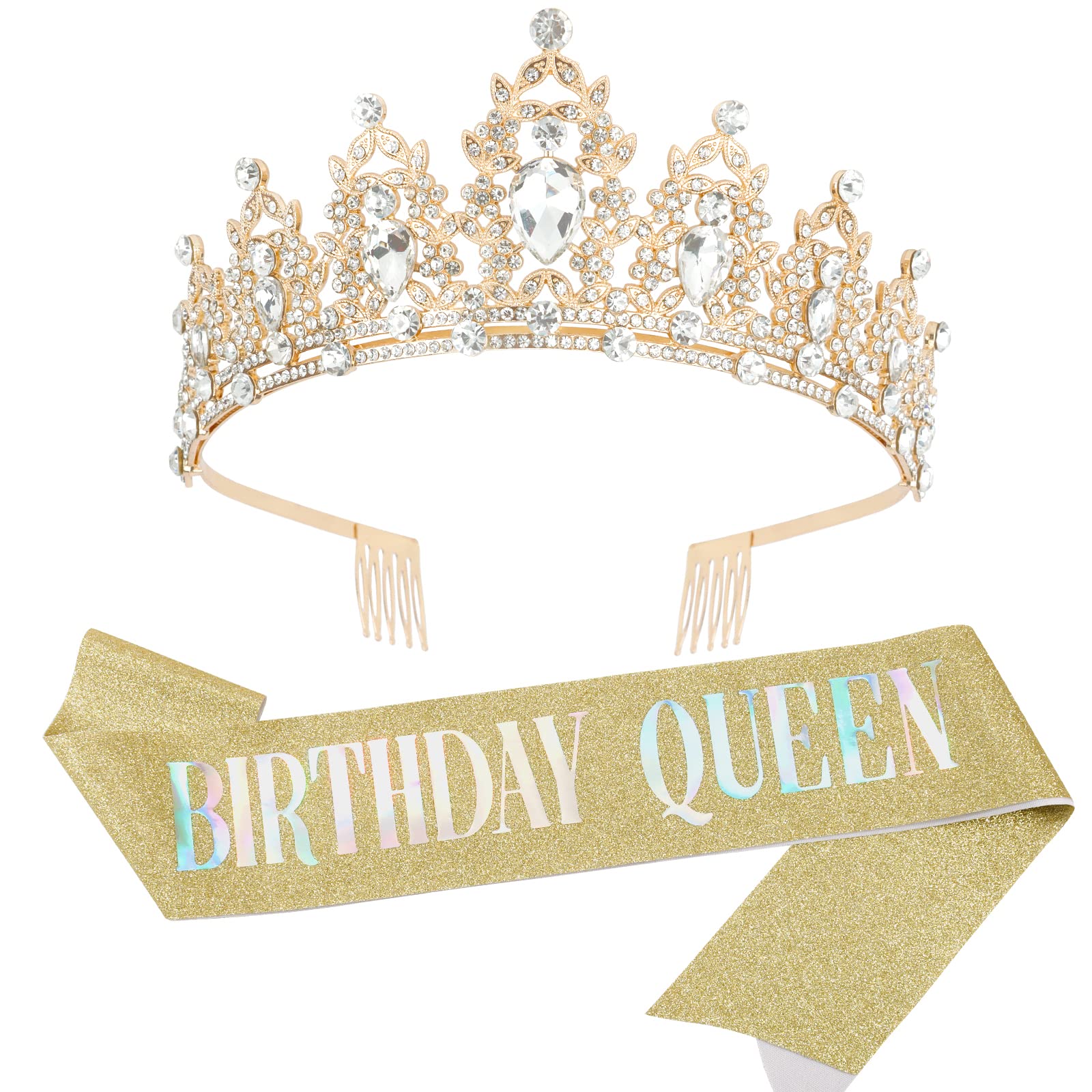 CAVETEE Gold Birthday Crown and Sash - Women's Tiara Set - Multi Color Letter