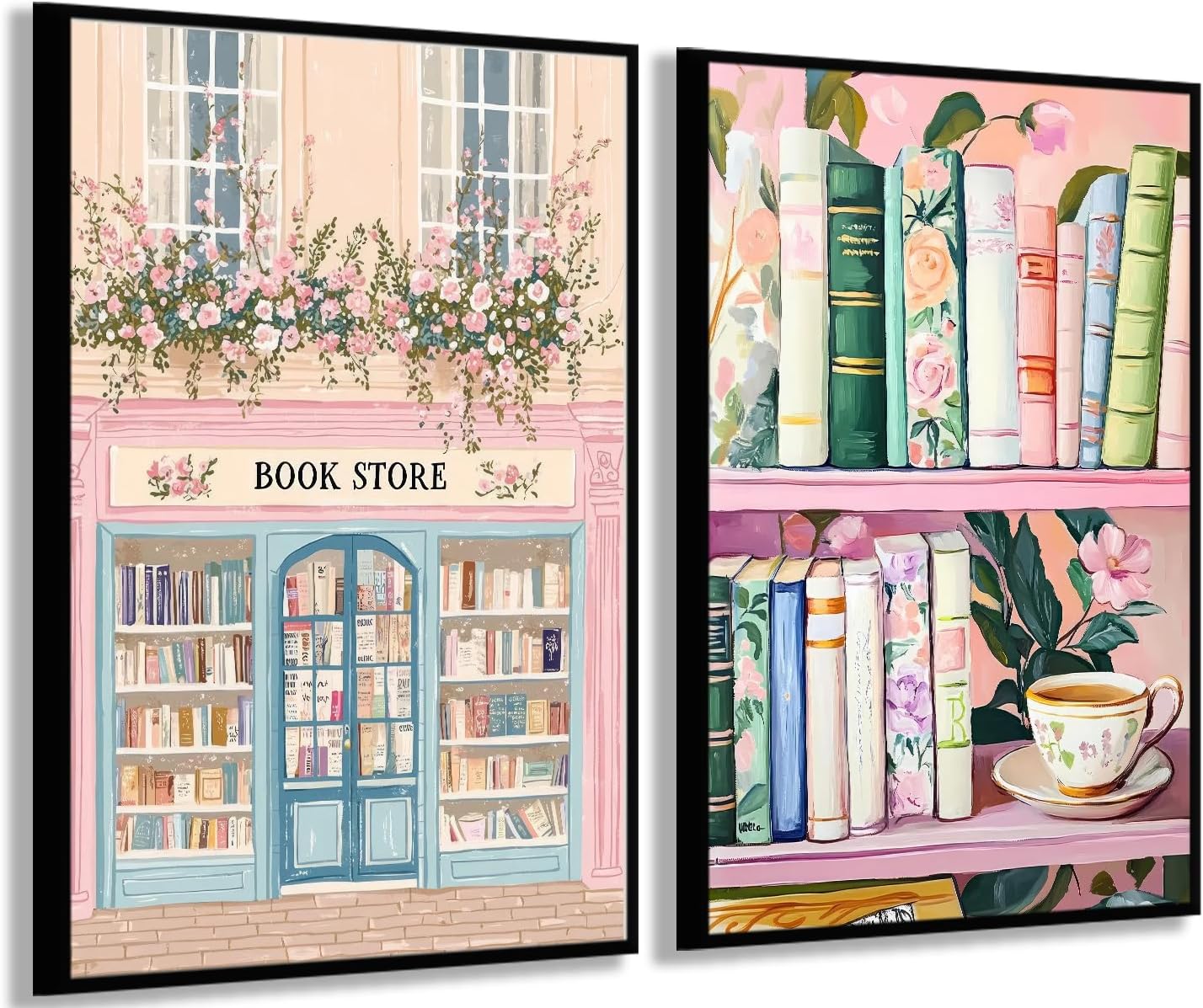 2Pcs Books Wall Art Vintage Floral Book Wall Decor Pictures Pastel Bookshelf Bookstore Themed Painting Artwork Color Poster Prints for Living Room Bedroom Reading Nook Decoration 16x24in