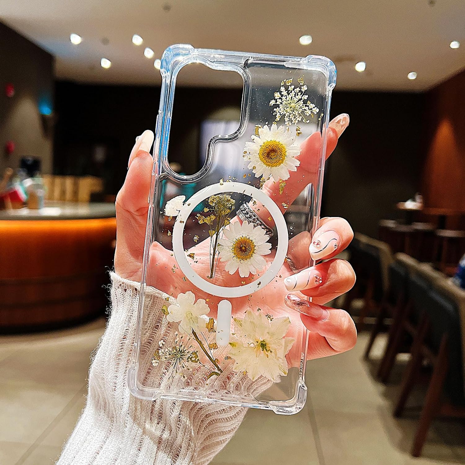 Compatible with Samsung Galaxy S26 Ultra Case,Compatible with MagSafe,Cute Pressed Dried Flowers Design Women Girly Shockproof Floral Clear Magnetic Case for Galaxy S26 Ultra (White)
