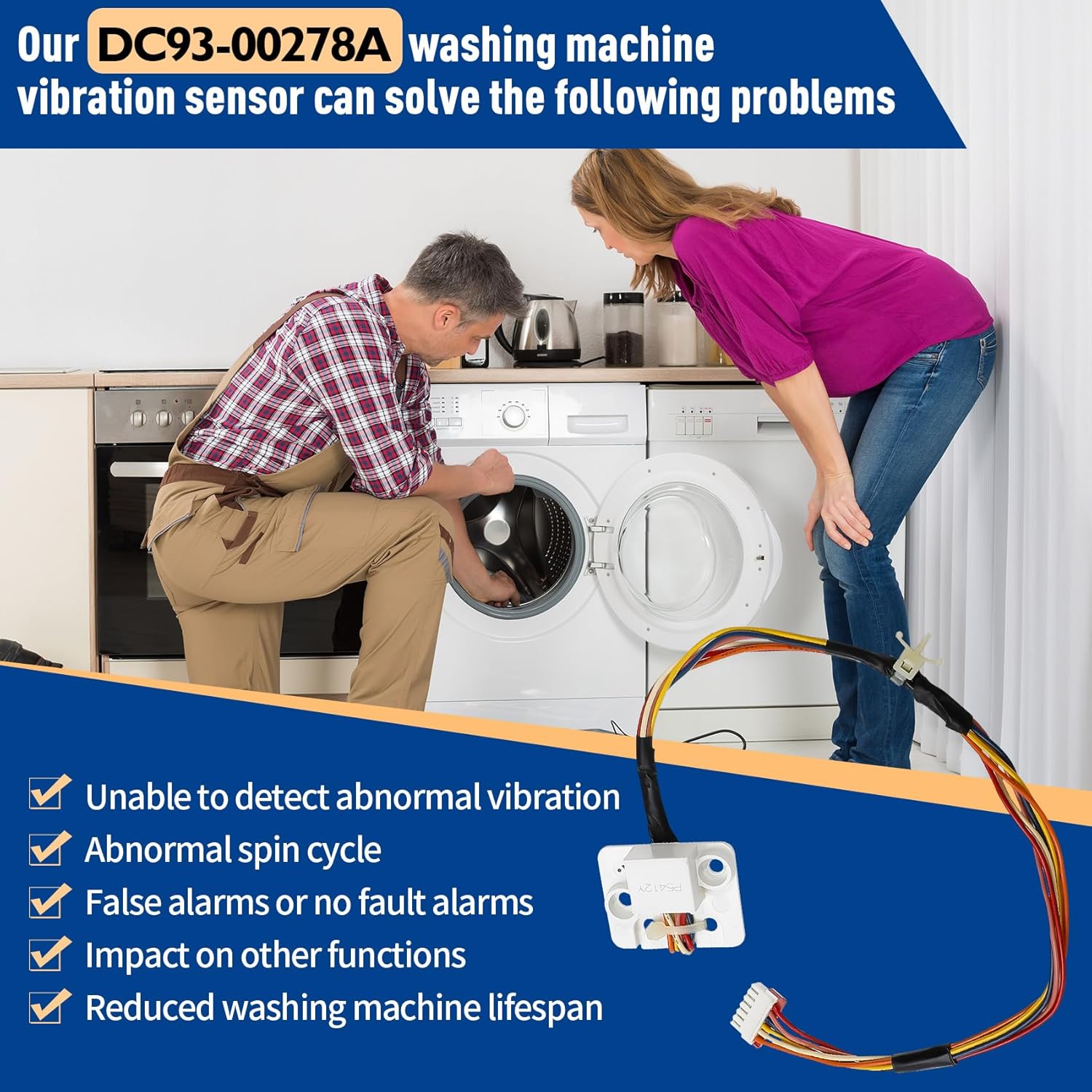 DC93-00278A Washer Vibration Sensor, for Samsung, Compatible with WV55M9600AV/A5-00 WF45K6500AV/A2-00 WV60M9900AV/A5-00 WF42H5200AP/A2-00 WF56H9100AG WF45H6300AW WF50K7500AV. OEM. 1 Year Warranty