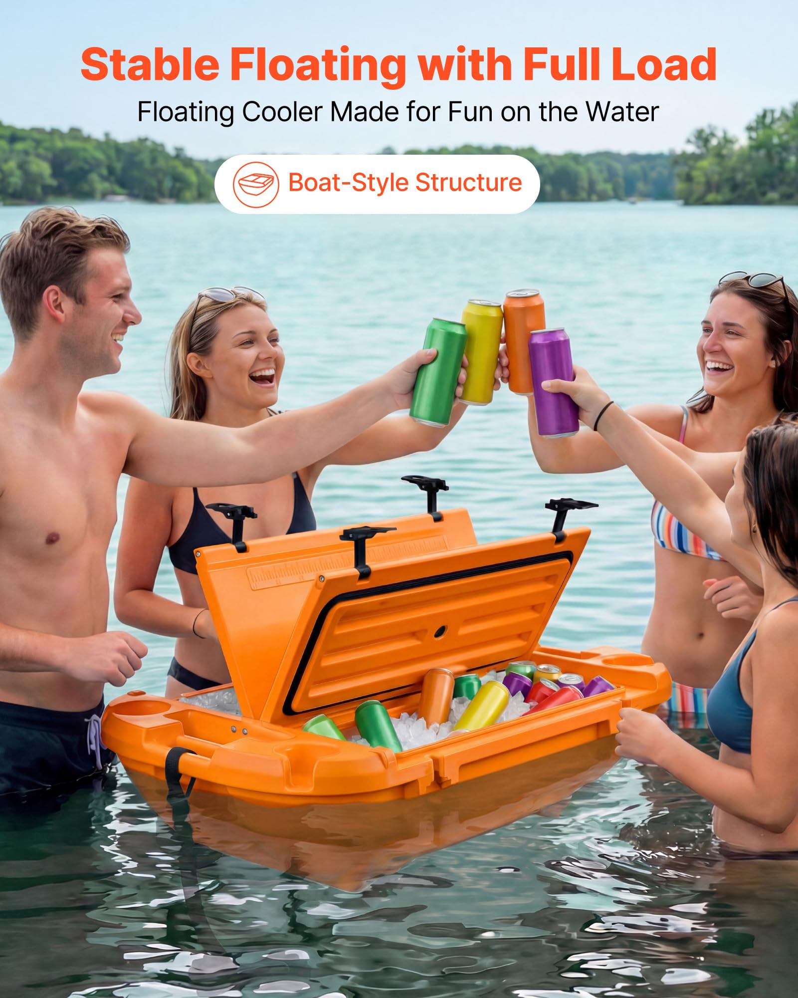 VEVOR Glacière Flottante 37,9 L, Bar Flottant Rigide en LLDPE, pour Boissons Fraîches sur l'eau et Terre Piscine Plage, Glacière Amphibie avec Compartiment Sec et Corde de Remorquage, Orange
