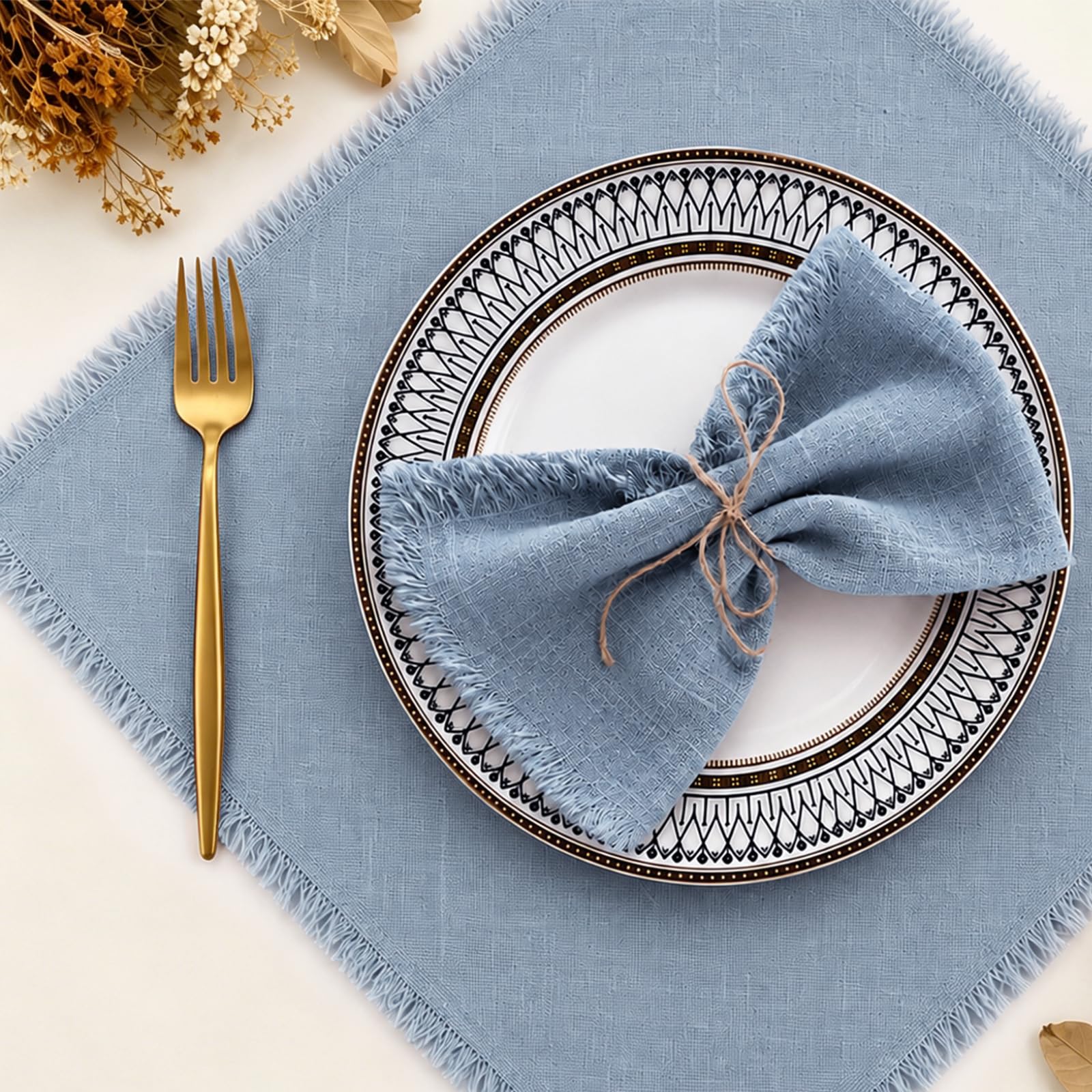 6Pcs Decorative Cloth Napkin, Rustic Dinner Napkins Fabric, Rustic Fringe Napkins with Fringes, for Dinner Parties, Wedding, Hotels and Restaurants (6, Dusty Blue)