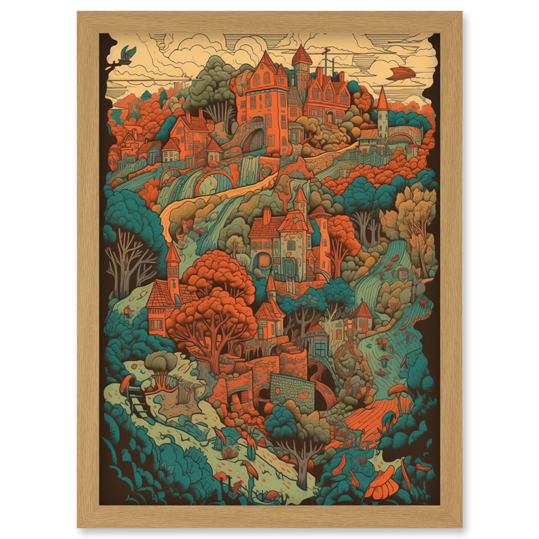 Artery8 Village in Forest Coral and Teal Blue Illustration Artwork Framed Wall Art Print A4