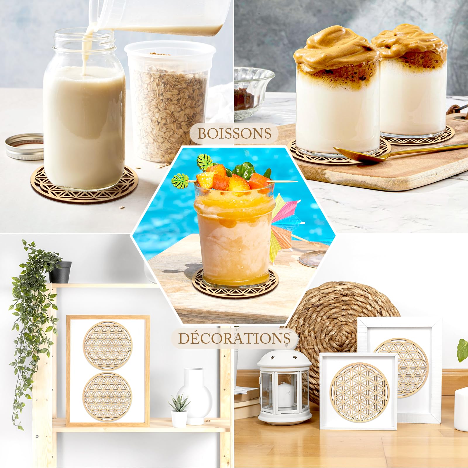 Lot De 12 Sous-Verres En Bois De Bouleau, Motif Fleur De Vie