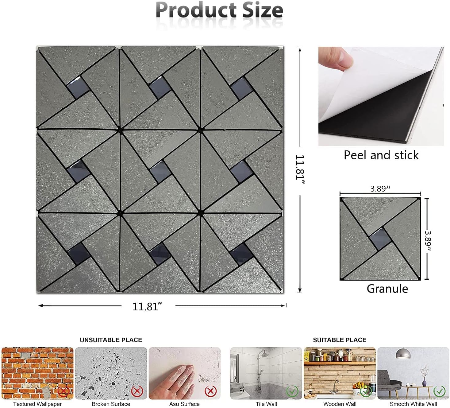 XUANINY 5-Sheet Peel and Stick Metal Backsplash Tiles, Self Adhesive Triangle Multicolor Aluminum Mosaic 3D Wall Sticker for Living Room Bedroom Decor (5 Sheets, Silver)