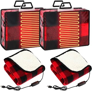 Tuanse 2 Pcs USB Heated Blanket 25"x35" Small Portable 5v 3 Setting Electric Blanket with Timer and Temperature Controller Winter Wearable Recharge Throw for Travel Home(Single Red and Black Plaid)