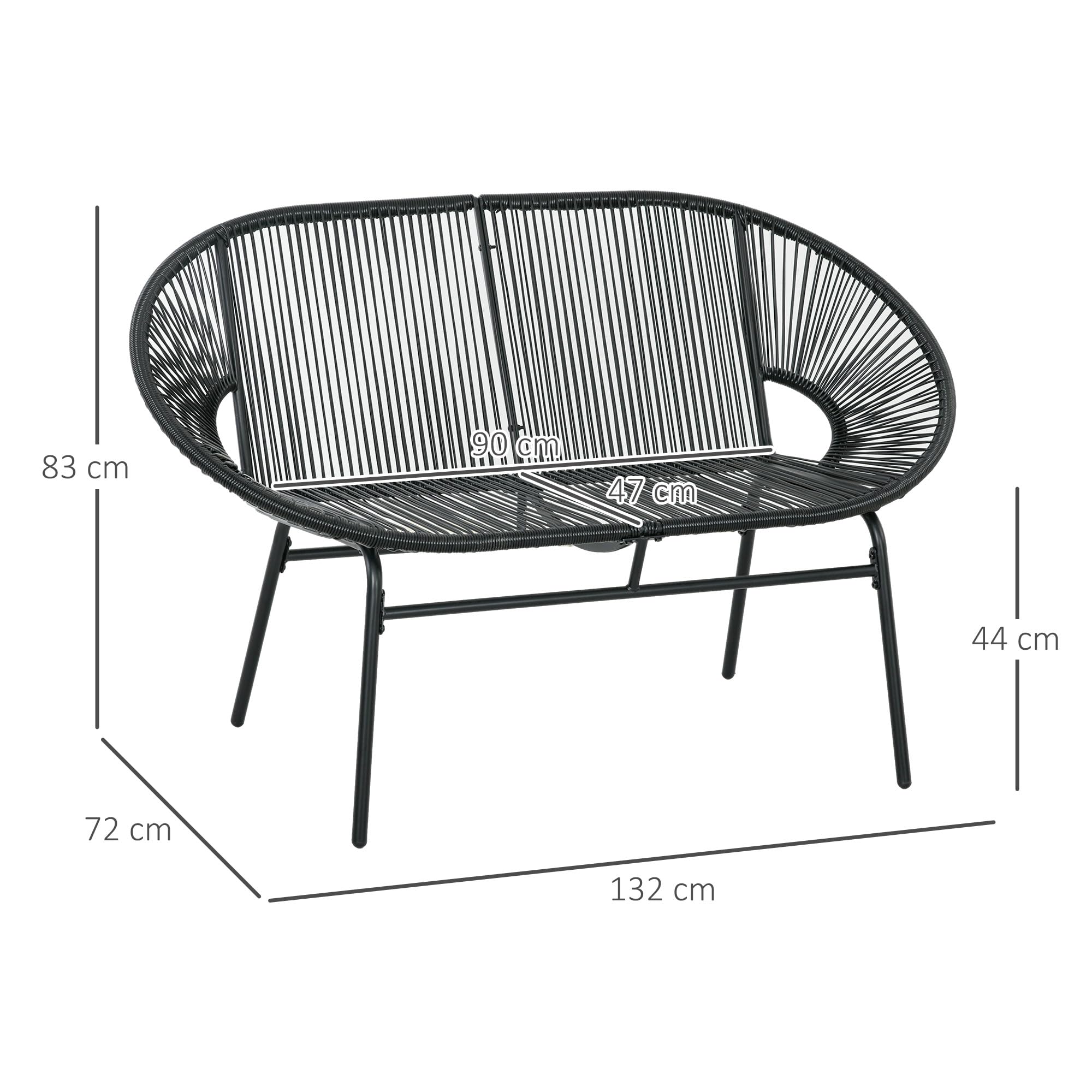 Outsunny Silla Acapulco de 2 Plazas Sofá Acapulco Silla de Jardín con Cojines Reposabrazos y Marco de Acero Carga 260 kg para Terraza Balcón Patio 132x72x83 cm Negro