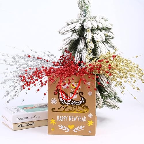 Miniatura 5 de CCINEE Adornos de tallo de bayas artificiales rojas con purpurina, paquete de 10 púas de Navidad falsas de 19.7 pulgadas, palitos de cuentas