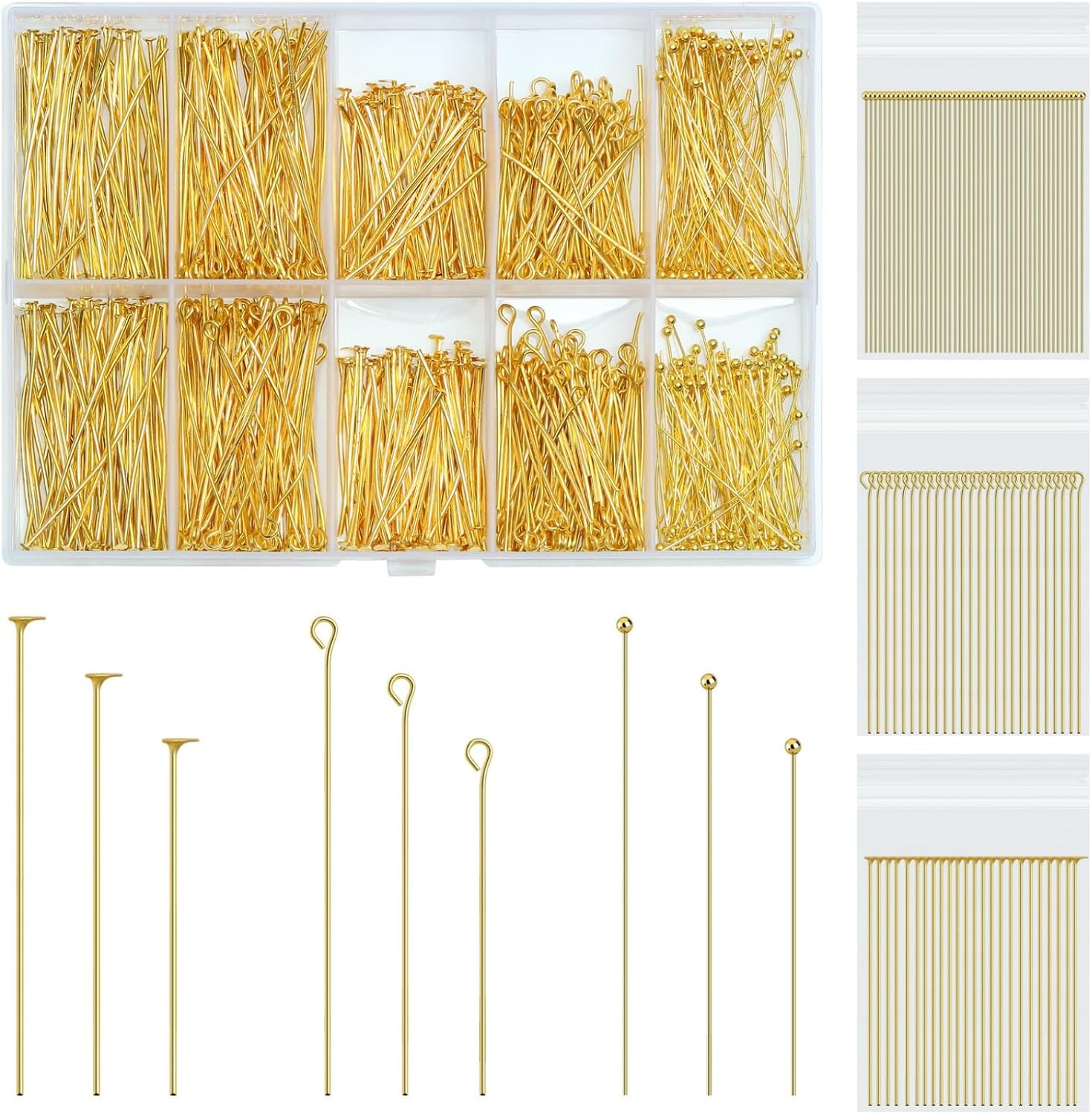 SONGIN 1085pcs Eye Pins and Flat Head Pins for Jewelry Making, Metal Eyepins, Headpins & Ball Head Pins for DIY Earrings, Necklaces, Bracelets, Pendants Jewelry Supplies, Gold & Silver