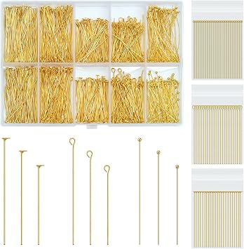 SONGIN 1085pcs Eye Pins and Flat Head Pins for Jewelry Making, Metal Eyepins, Headpins & Ball Head Pins for DIY Earrings, Necklaces, Bracelets, Pendants Jewelry SuppliesGold