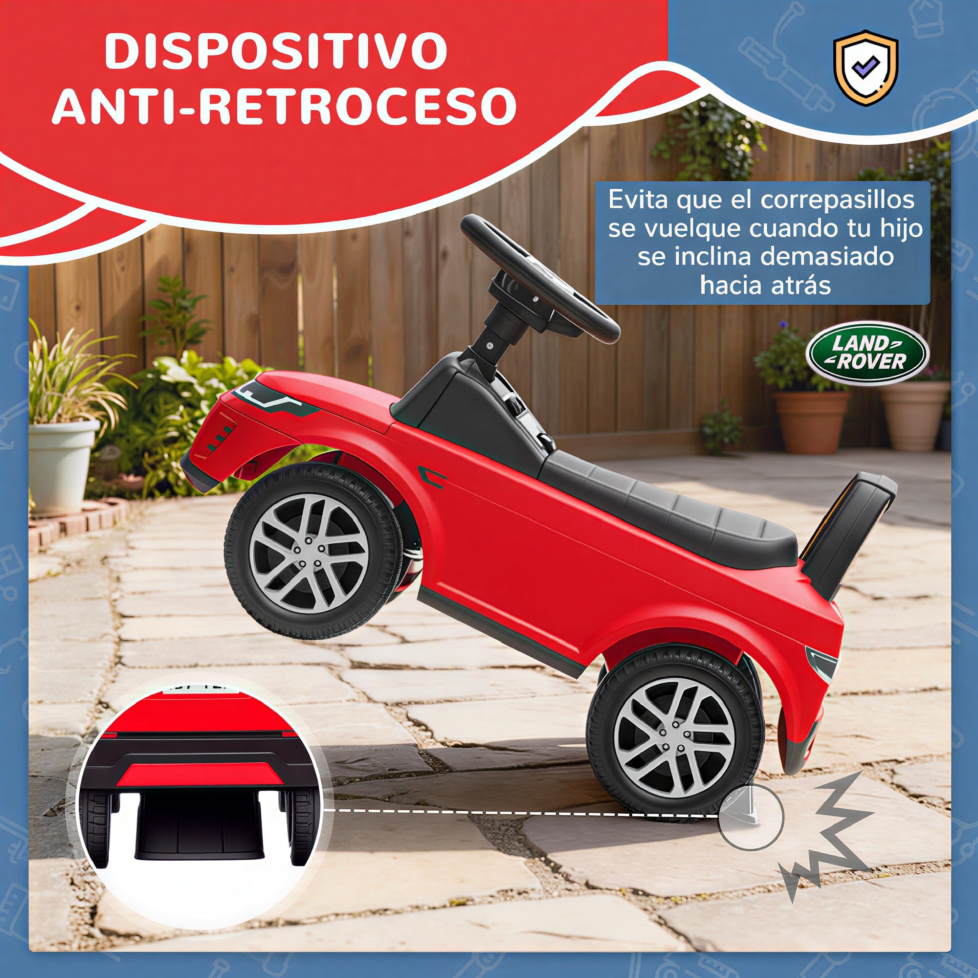 AIYAPLAY Coche Correpasillos con Licencia de Land Rover, Correpasillos para Niños de 18-36 Meses con Almacenaje, Volante, Bocina, Sonidos de Motor, 65,5x28x42 cm, Rojo
