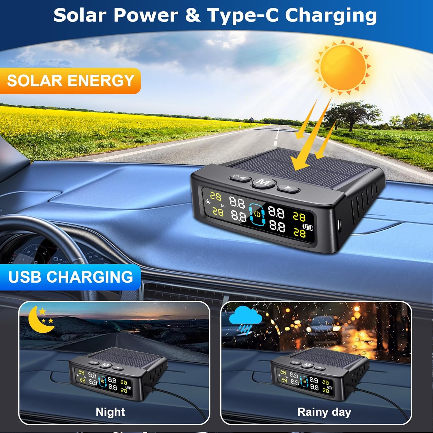 LETOURWM TPMS monitor showing solar and USB-C charging options