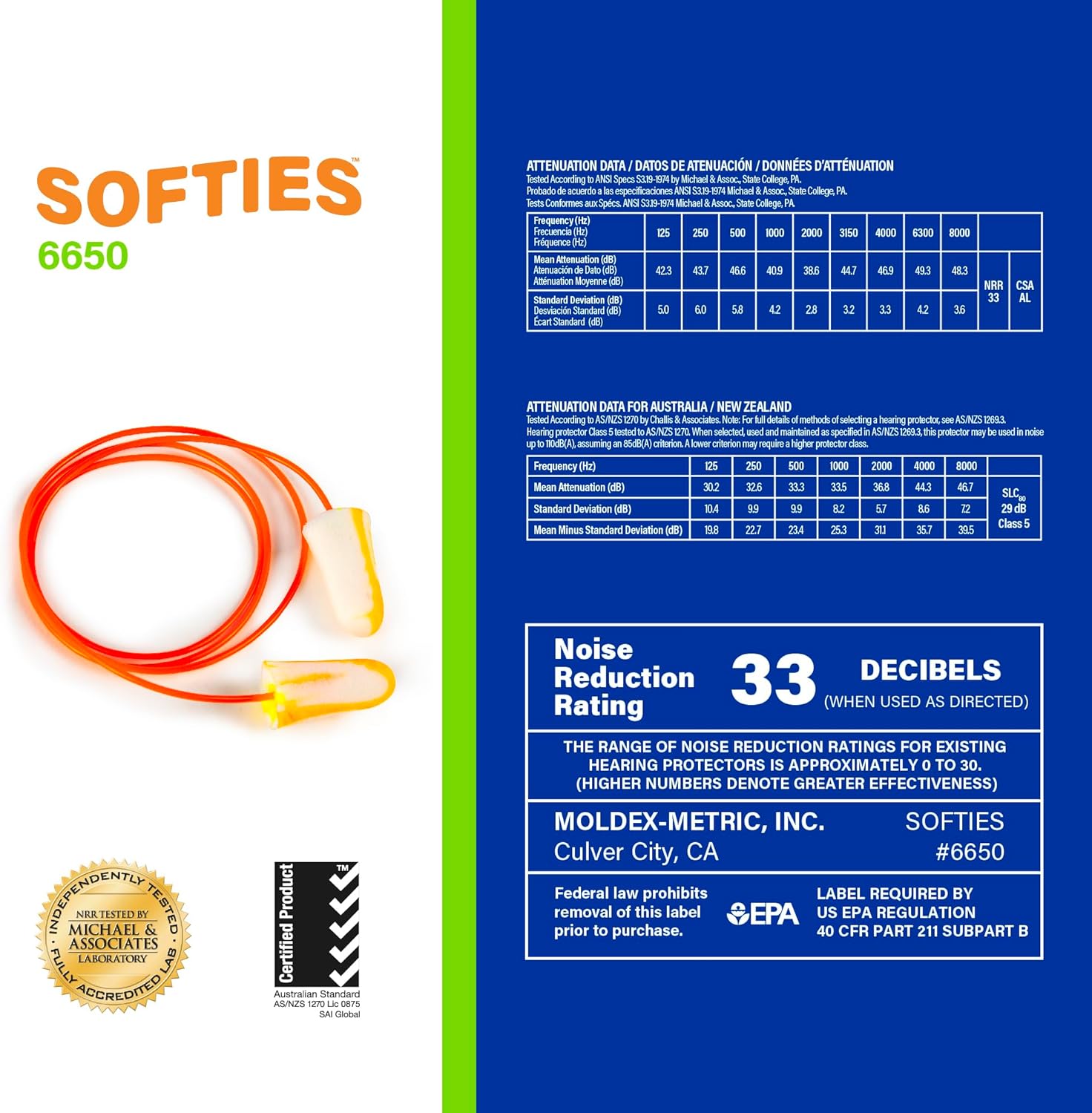 Moldex Softies® Corded Foam Earplugs – Comfortable Disposable Ear Plugs for Hearing Protection, NRR 33dB Noise Reduction, 100 Pairs Individually Wrapped, Bright Orange, 6650