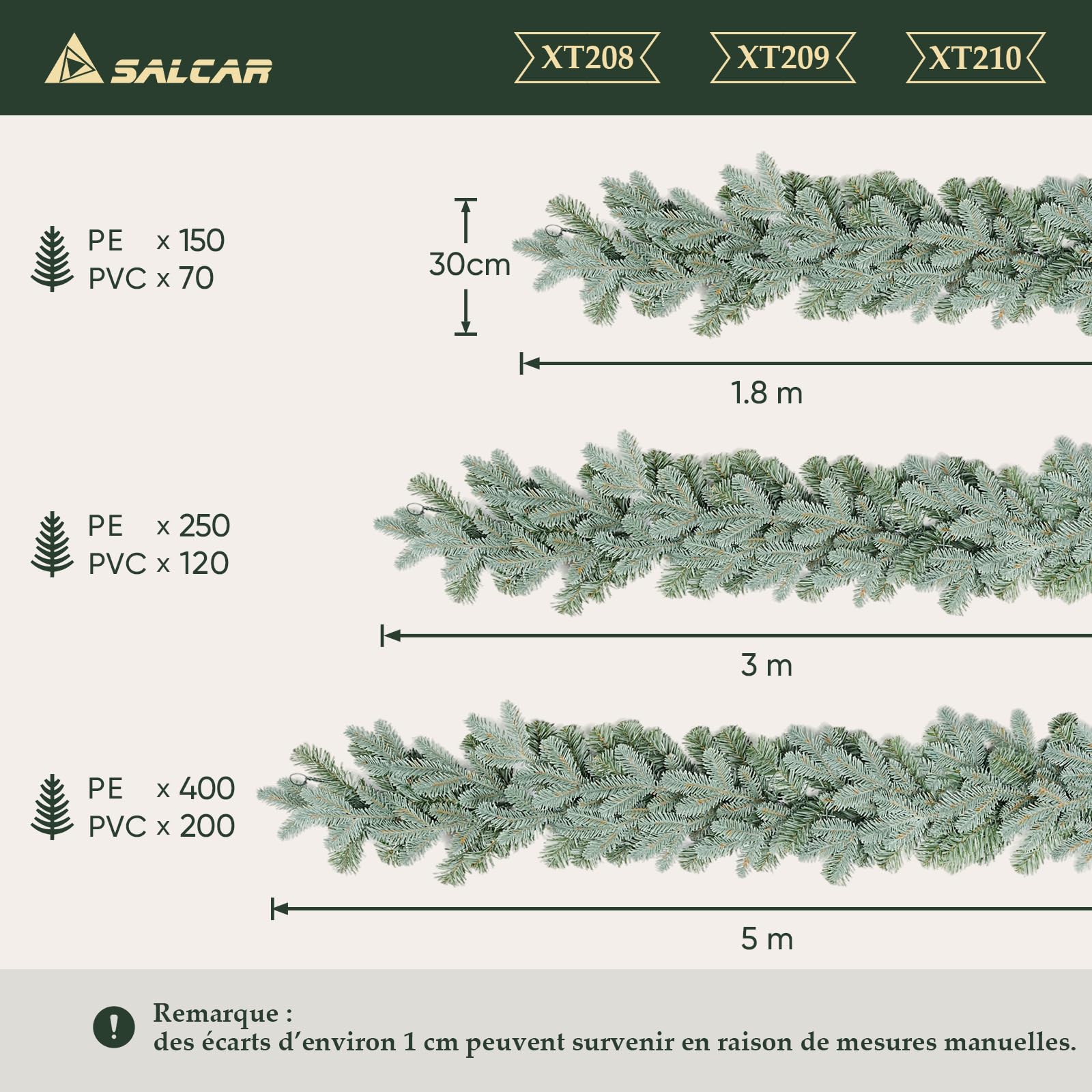 Guirlande de Noël Artificielle SALCAR - 5 m - Gris-Vert Chic - Parfaite pour Décorer Votre Sapin, Porte, Fenêtre et Balcon pour Un Noël Enchanté