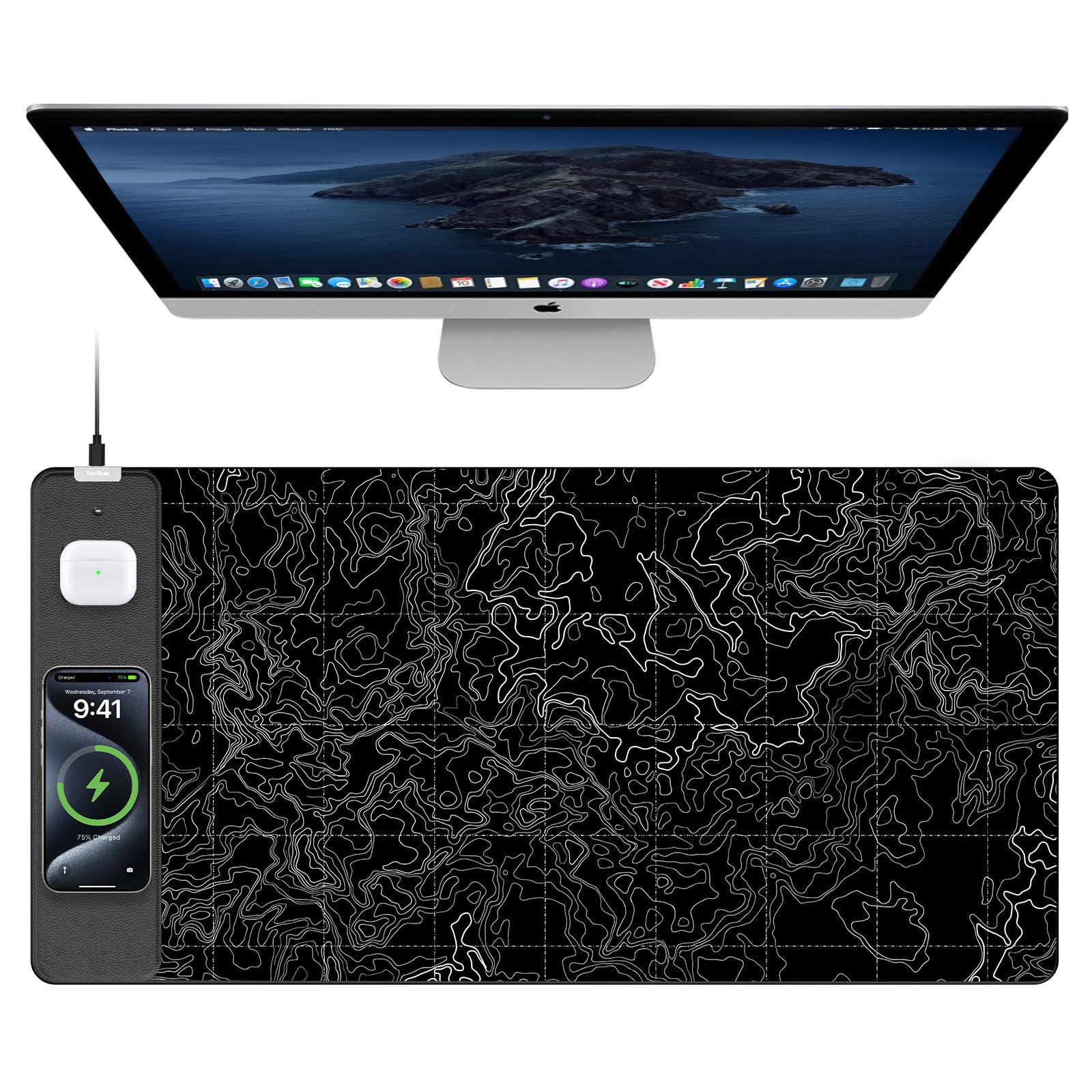 TopMade Mouse Pad with 15W Fast Wireless Charging, 31.5"x15.75" XXL Large Gaming Waterproof Desk Pad with Ultra-Smooth Surface, Non-Slip Base,