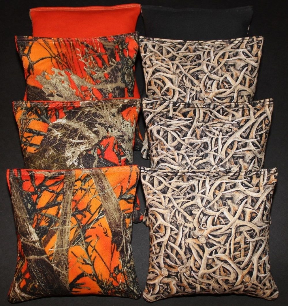 BackYardGamesUSA All Weather Resin Filled Cornhole Bean Bags Orange Camo & Antlers Elk Deer Hunting Fishing Game Toss Bags