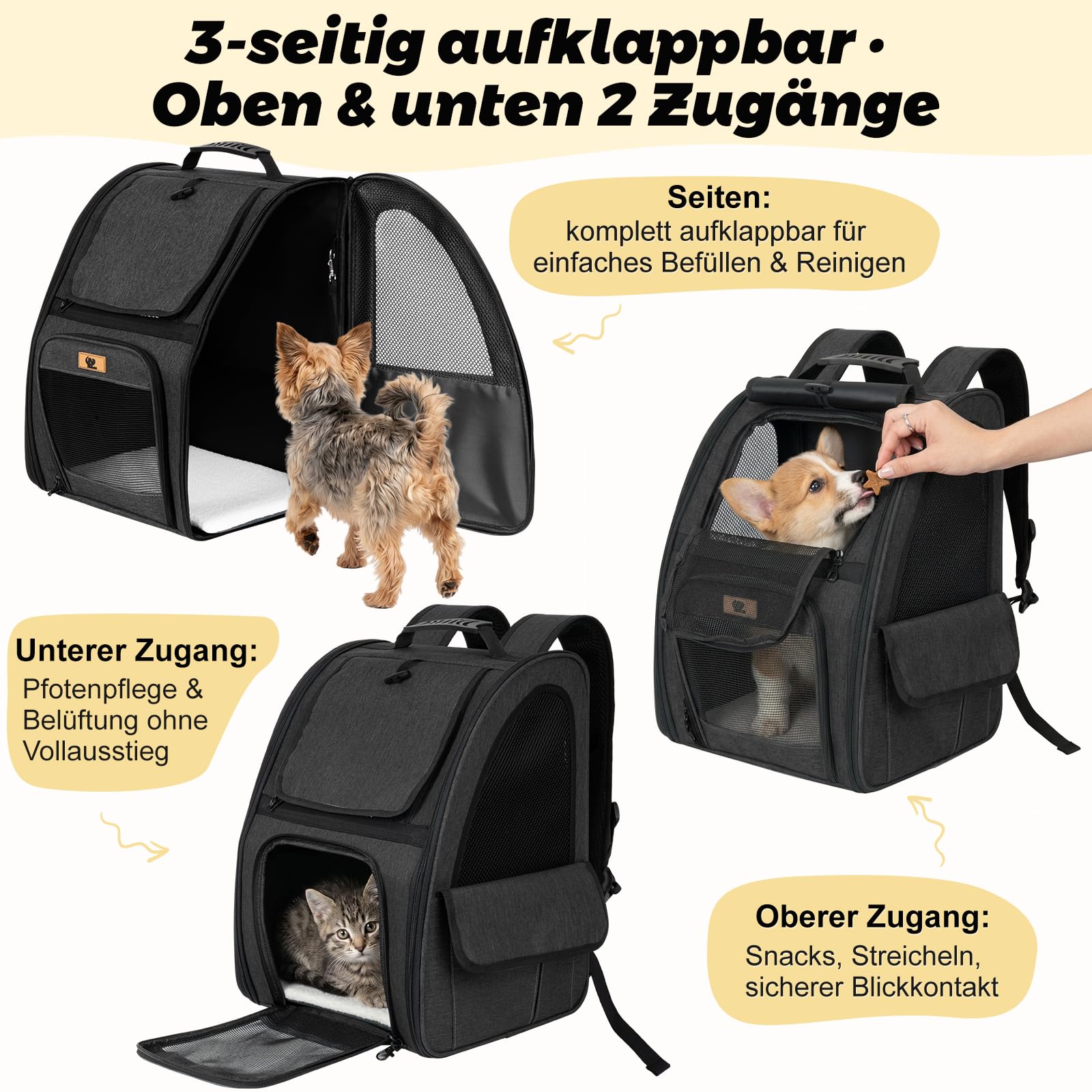 Aystkniet Zaino Trasportino per Cani e Gatti fino a 10 kg, Pieghevole, Ventilazione a 270°, 3 Aperture, Tenda Coprivista, Fascia per Trolley