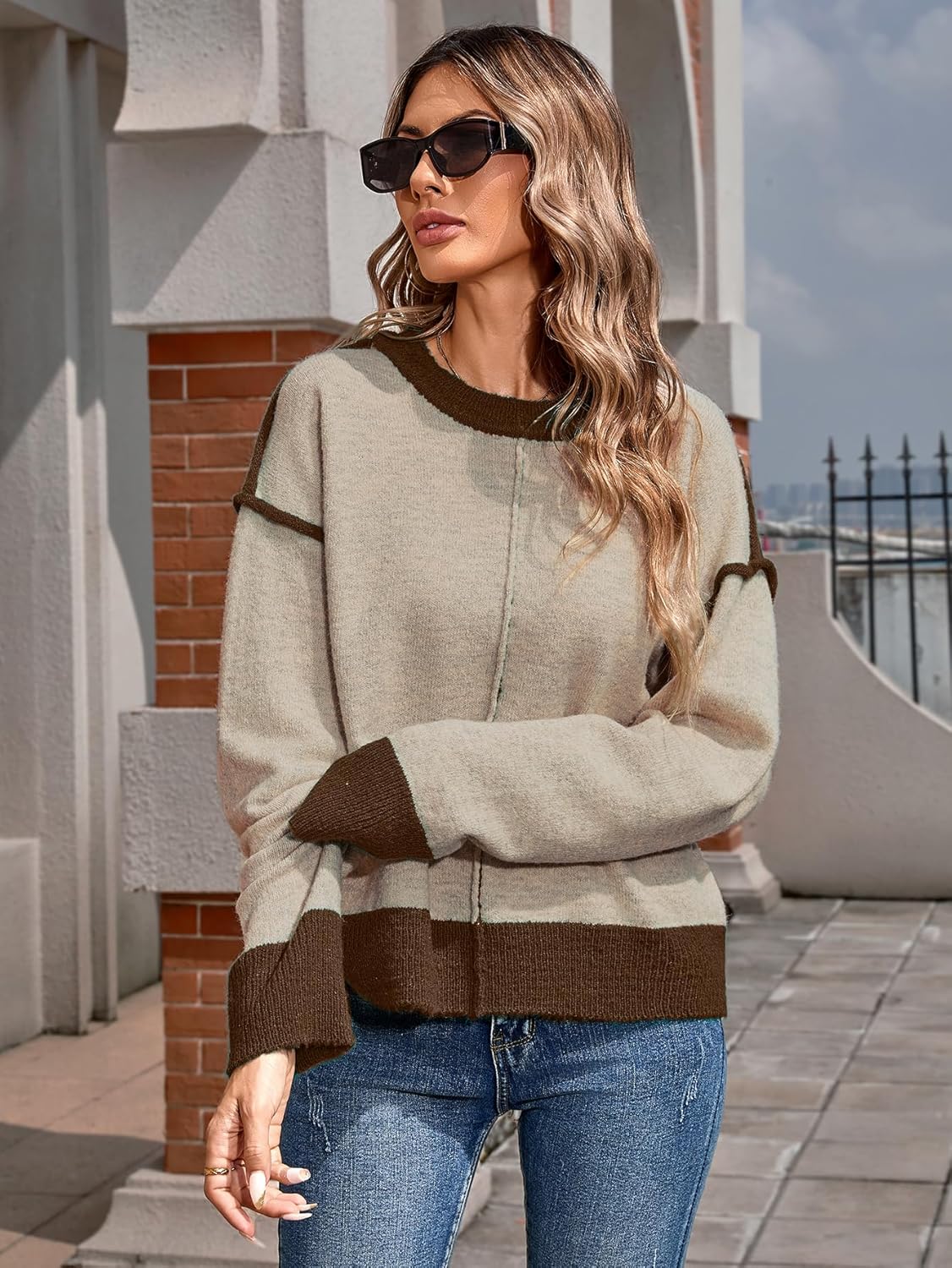 SunnyMelody Womens Oversized Cute Color Block Crew Neck Sweater 2025 Winter Long Sleeve Trendy Ribbed Knit Pullover Sweaters - Image 2