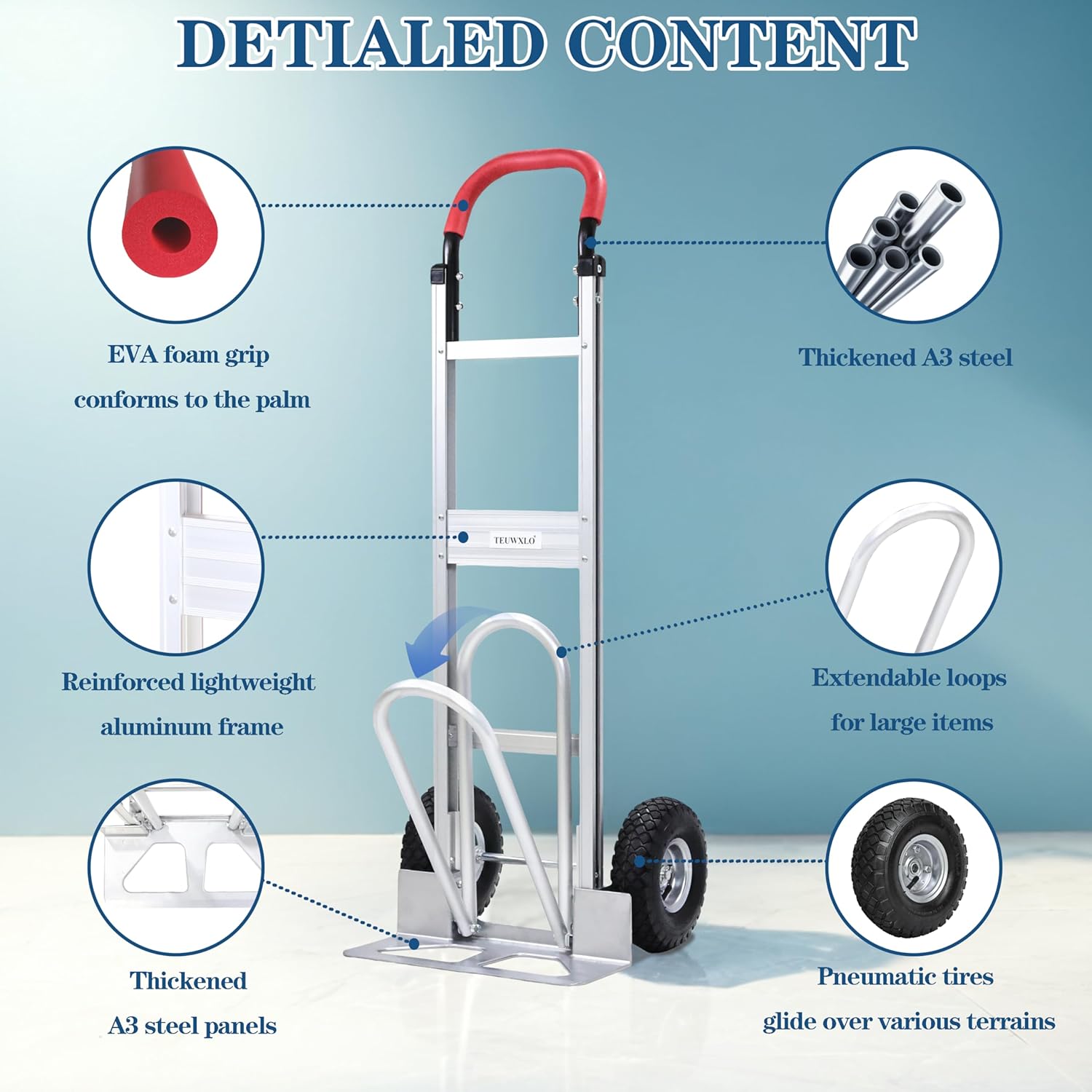 Aluminum Alloy Hand Truck with U-Shaped Handle, 2 Rubber Wheels, 600 lb Capacity, Ext endable Base Plate - Suitable for Warehouse, Office, Home & Multiple Usage Scenarios