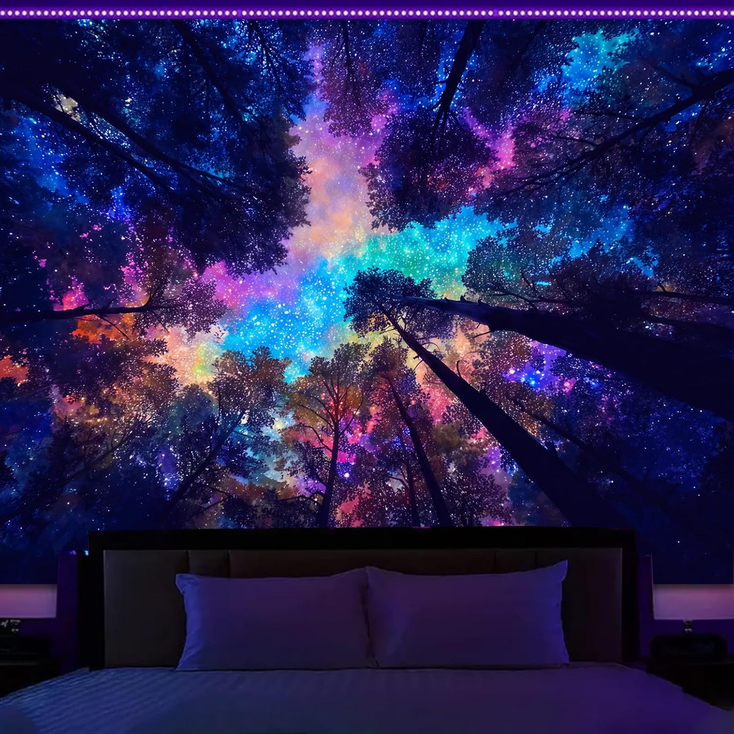 Manicer Galaxy Forest Tapestry, Blacklight UV Reactive Wall Hanging, Colorful Starry Night Sky Tree Canopy Wall Art for Bedroom, Dorm, Gaming Room & Party Decor - 59.1" x 80"