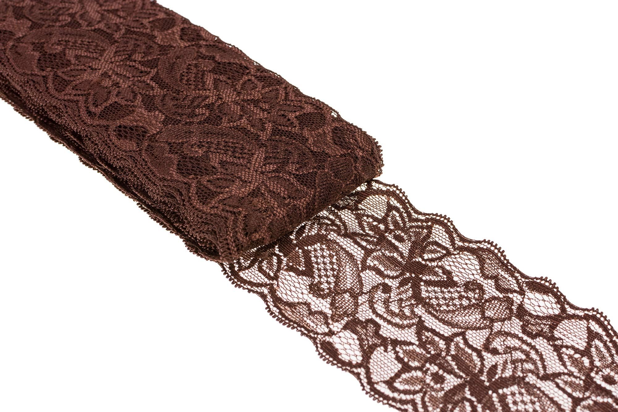 ATRBB 10 Yards 3 Inch Wide Elastic Lace Trim Floral Pattern Lace Ribbon for Garment,Crafts and Gift Wrapping (Coffee)