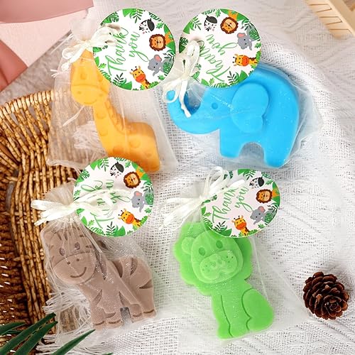 Miniatura 5 de Distaratie 4 juegos de jabones de baby shower de bosque con bolsa, tarjeta de agradecimiento, forma de animal de la selva, mini jabones naturales