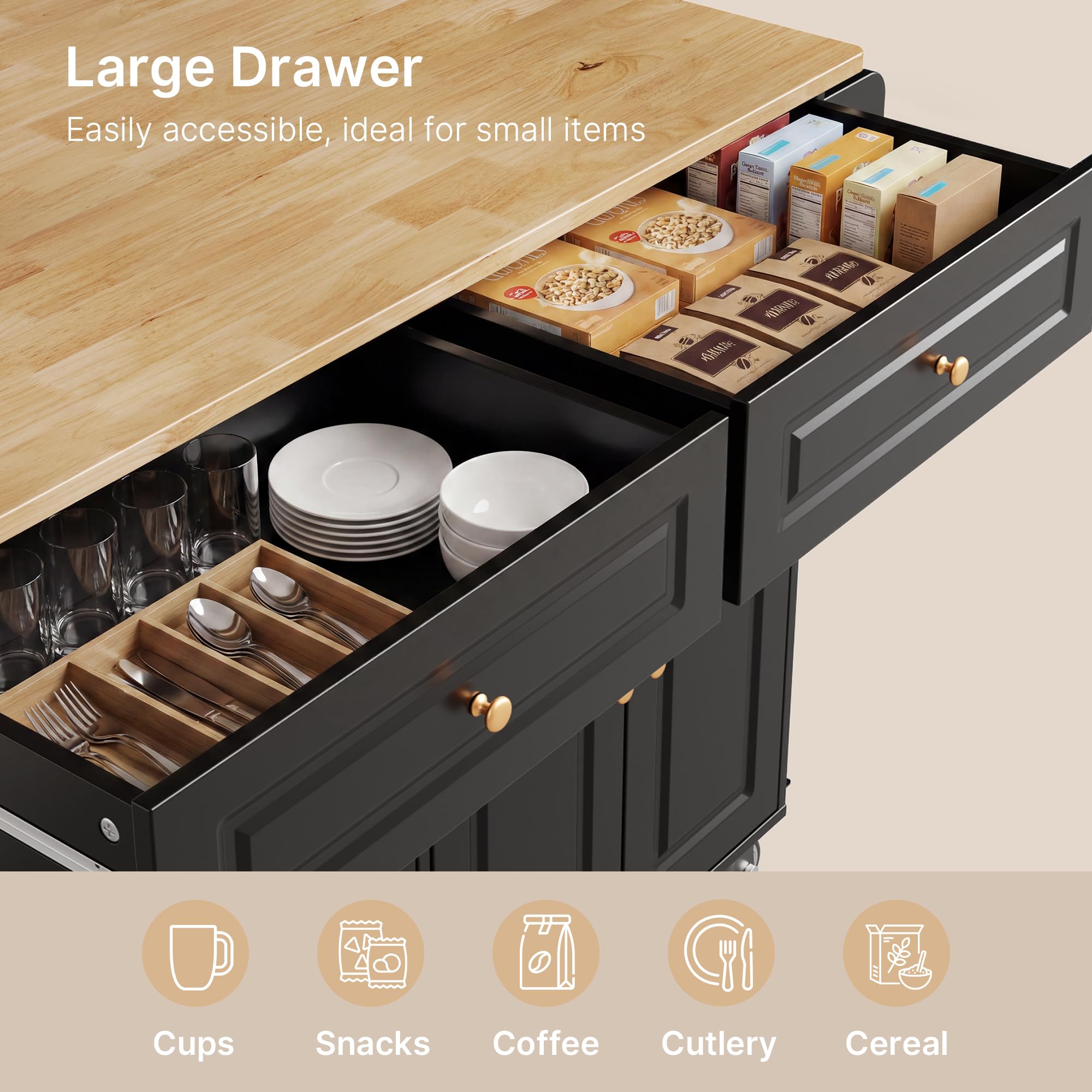 Xbro Carrello da Cucina Mobile con Ruote, Piano Pieghevole, Credenza 2 Cassetti 4 Ante, Salvaspazio con Portaspezie Portaasciugamani, 145x75x90 cm