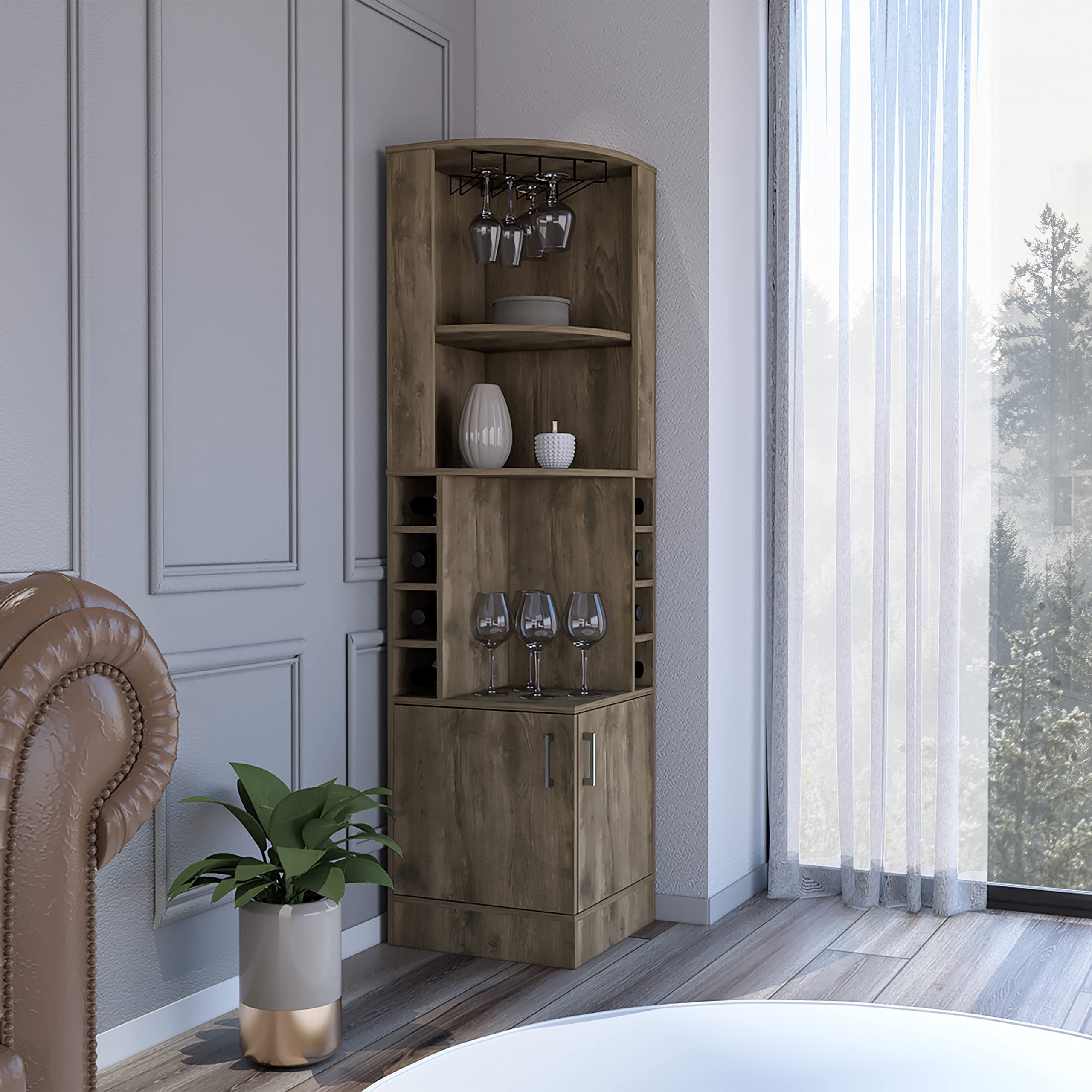 71" 8-Cubby &amp; 2-Shelf Bar Storage Cabinet, Kitchen Pantry Cabinets with Double Doors, Versatile Cabinets with Space-Efficient Corner Design for Kitchen, Brown