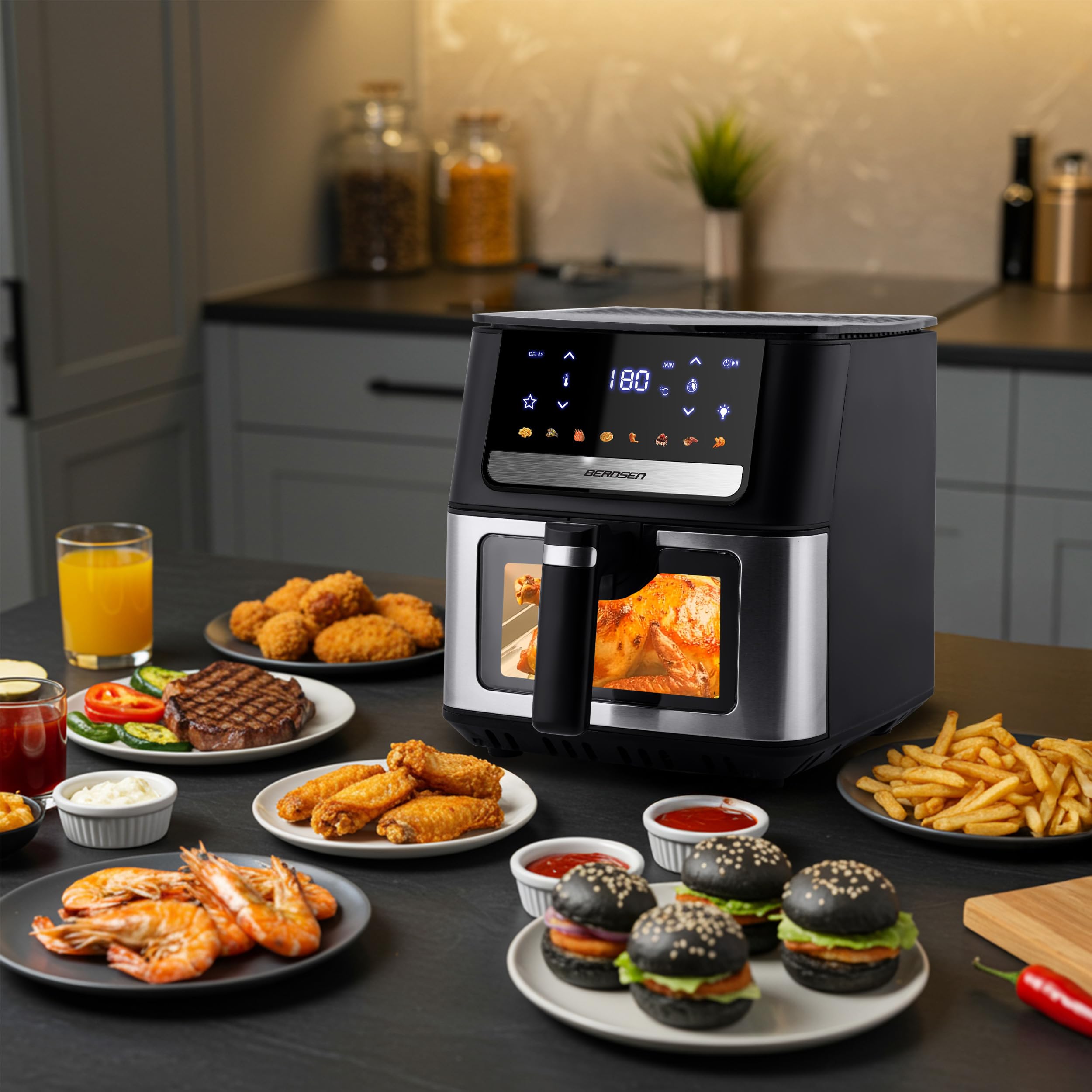 Berdsen Friggitrice ad aria calda XL, 6,5 l, con finestra e touchscreen, 1700 W, 8 programmi, lavabile in lavastoviglie