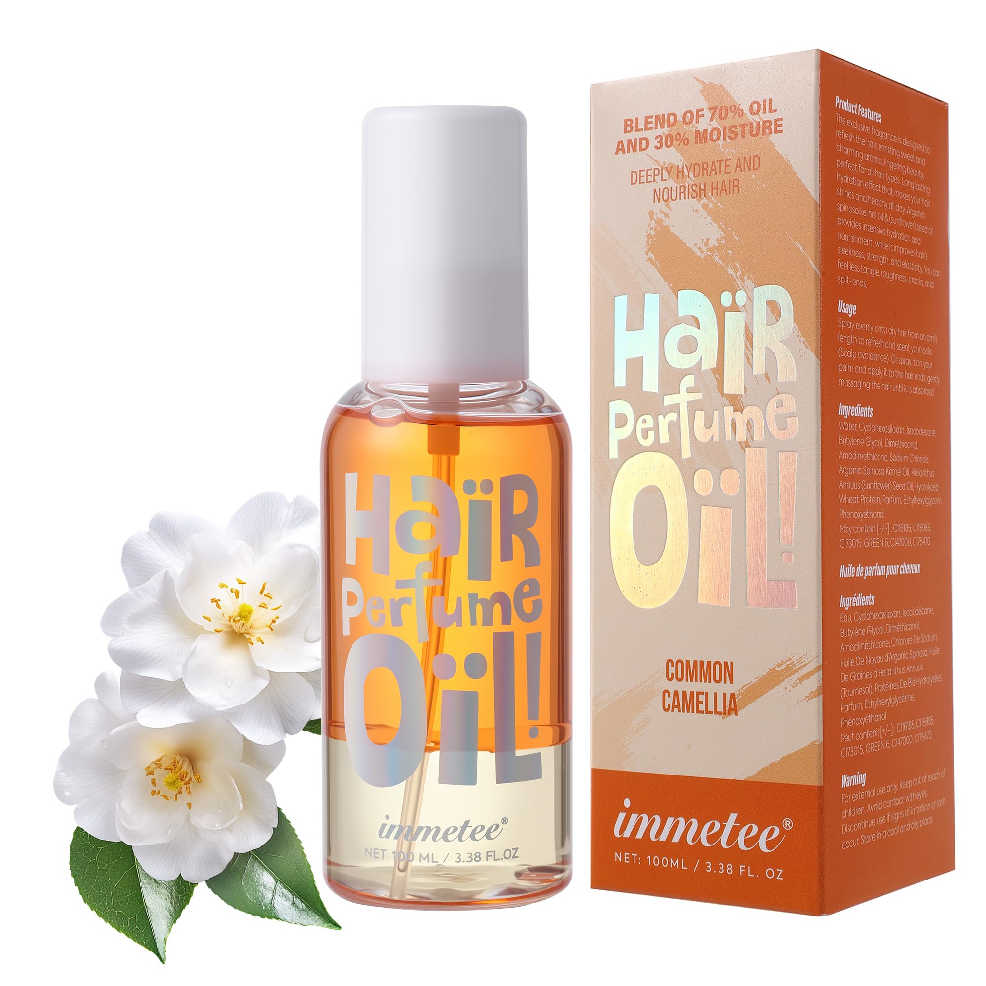 immetee Huile de parfum pour cheveux, Vaporisateur de parfum floral pour cheveux, longue durée, Huile capillaire Hydratation des cheveux100ml. (100ML, COMMON CAMELLIA)