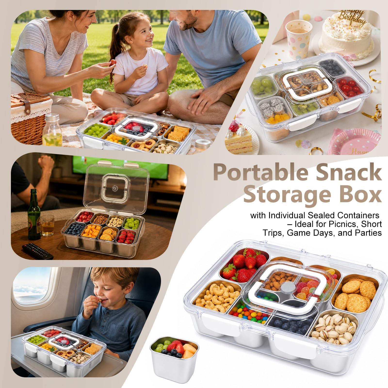 Lot de Snack Box avec 8 Pcs Boites Inox 300 ml | Boite Conservation Alimentaire de 4500ml avec Couvercle et Poignée, Senza BPA, Boîtes Alimentaires pour Meal Prep