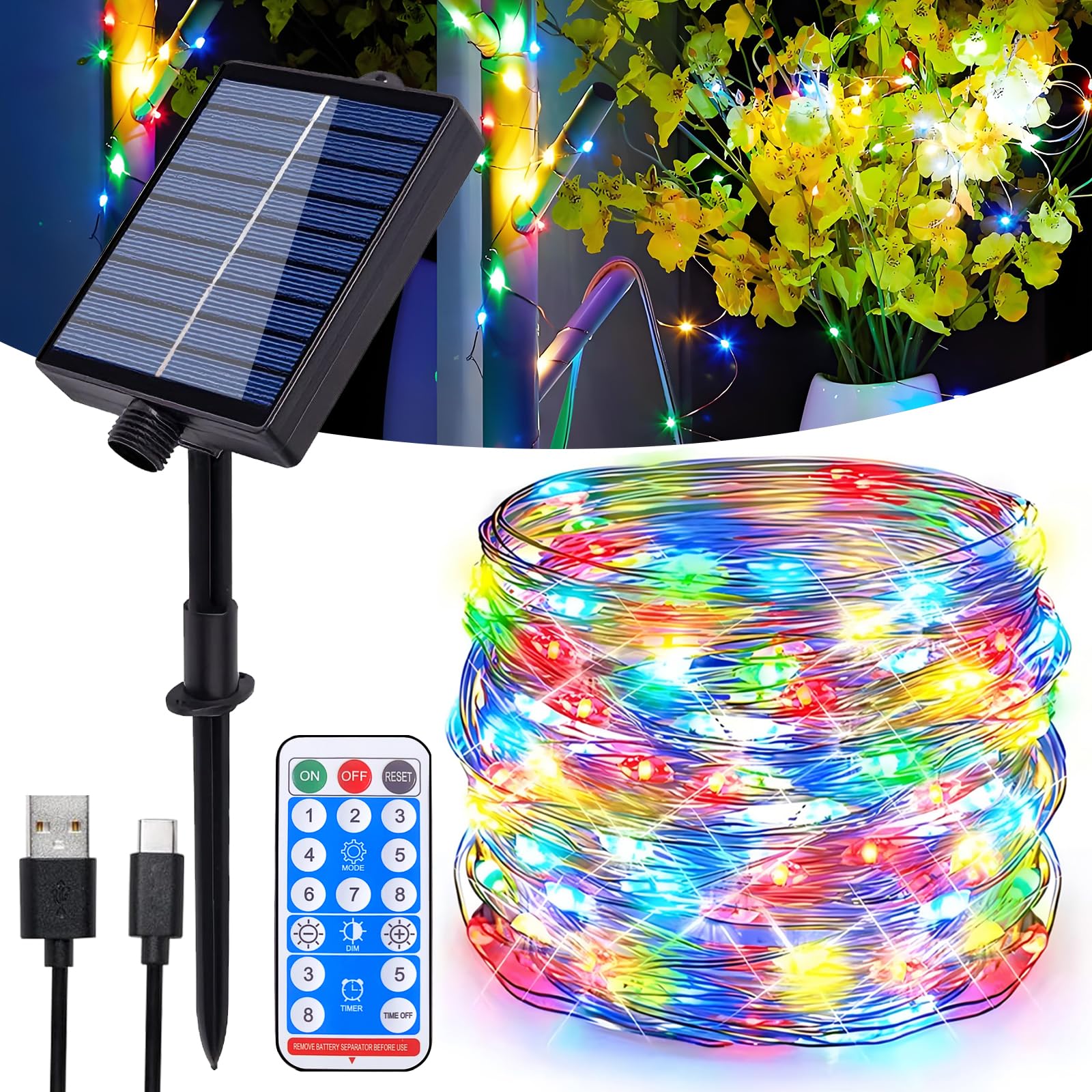 Hopelit Solar Lichterkette Aussen, 10m 100LEDs Lichterkette Außen Solar Lichterkette Kupferdraht IP65 Wasserdicht mit Fernbedienung 8 Modi Für Weihnachtsdeko, Balkon Deko, Garten - Bunt